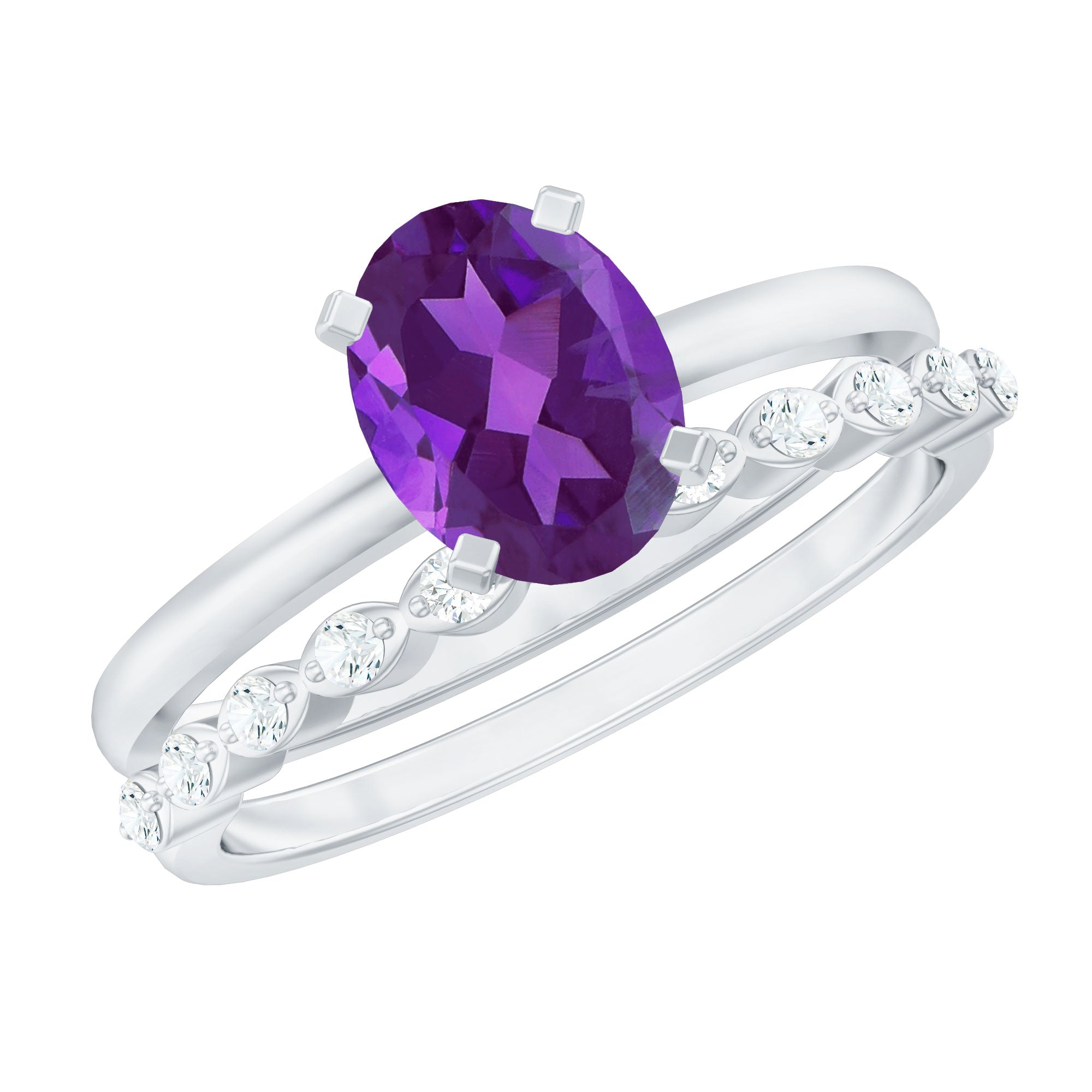 Oval Shape Amethyst Solitaire Ring Set with Diamond