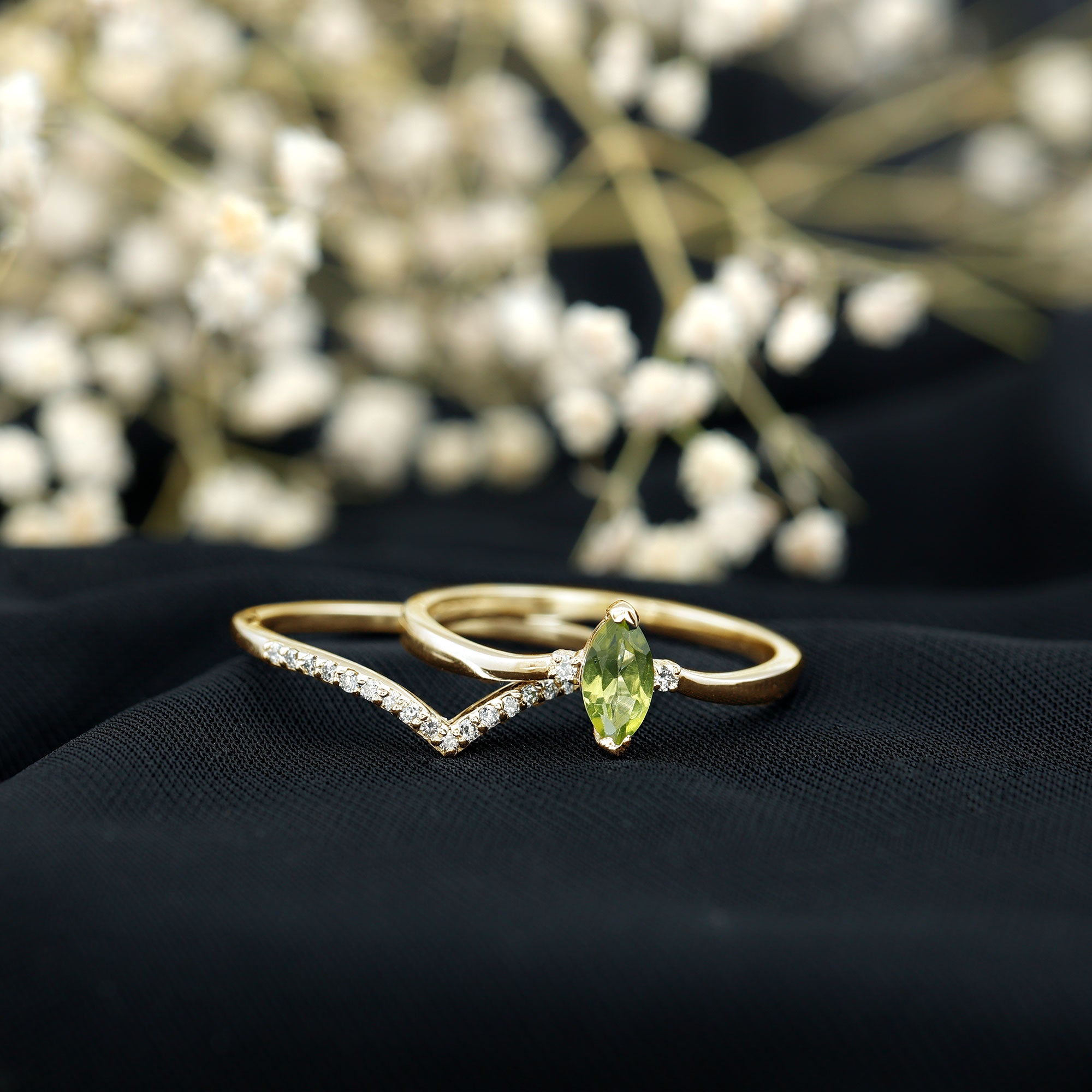 Marquise Cut Peridot Solitaire Wedding Ring Set with Diamond AAA - Rosec Jewels