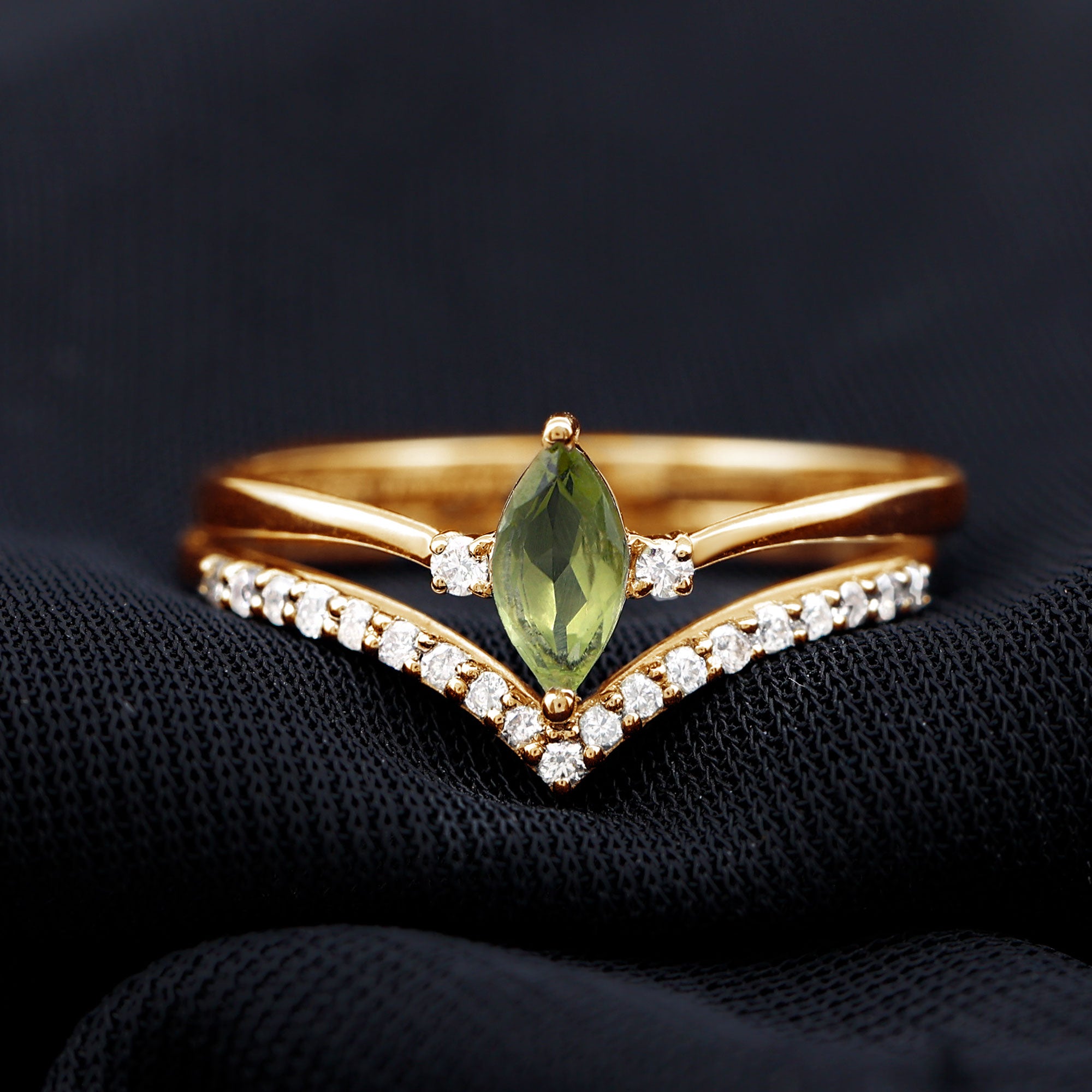 Marquise Cut Peridot Solitaire Wedding Ring Set with Diamond AAA - Rosec Jewels
