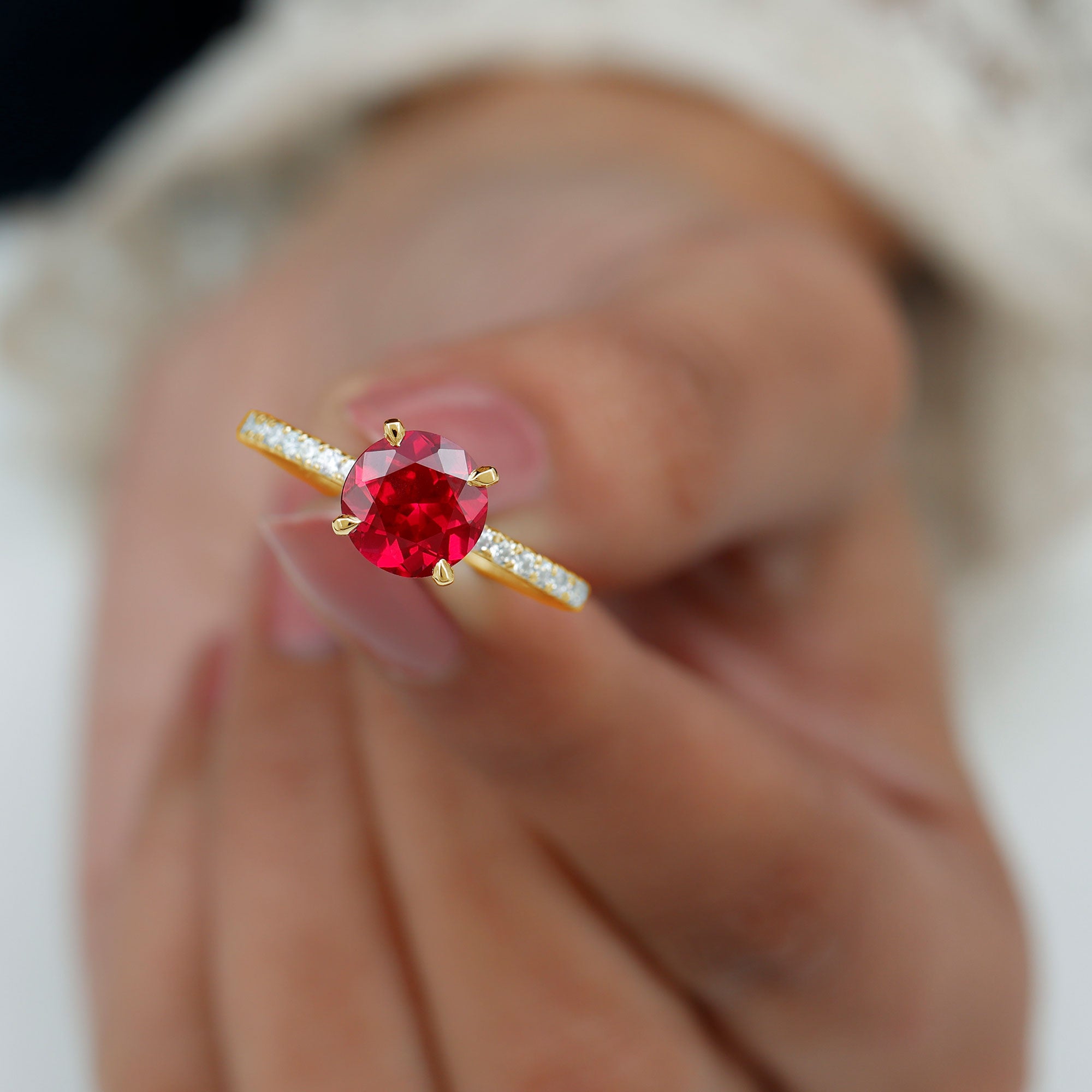 Peg Head Set Lab Grown Ruby Solitaire Engagement Ring Lab Created Ruby - ( AAAA ) - Quality - Rosec Jewels
