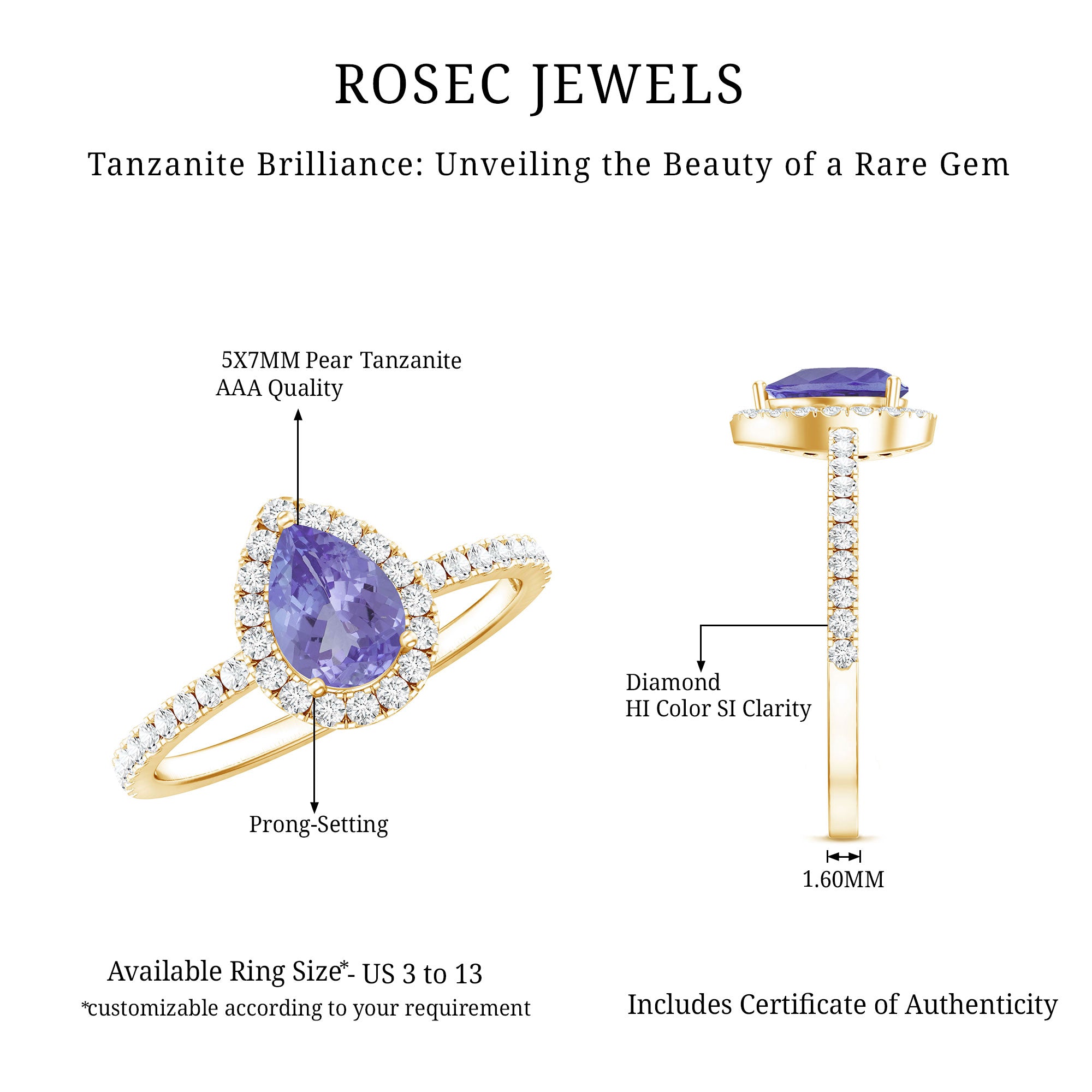 Rosec Jewels-Real Pear Shape Tanzanite Teardrop Engagement Ring with Diamond Halo