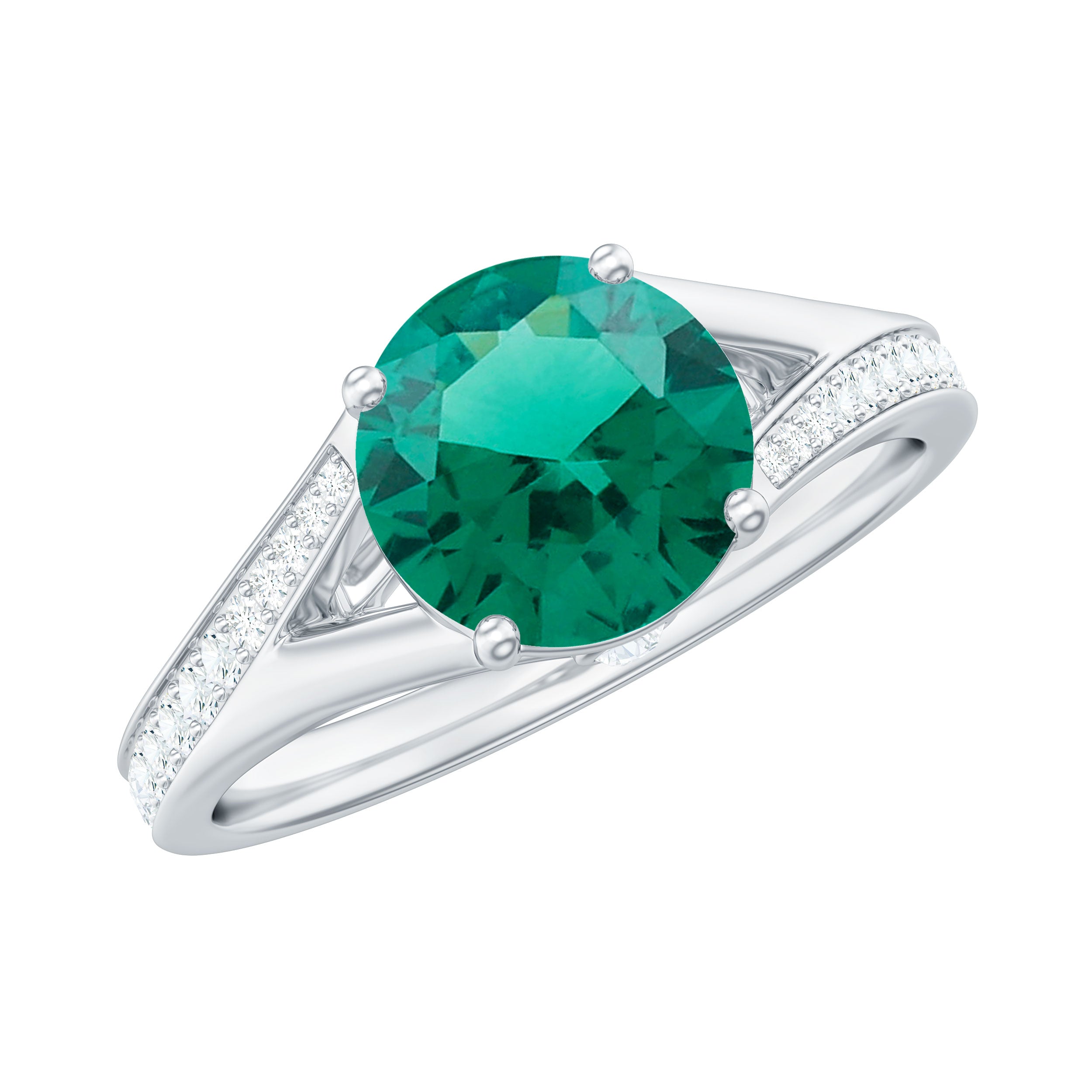 Split Shank Created Emerald Solitaire Ring with Diamond Lab Created Emerald - ( AAAA ) - Quality - Rosec Jewels