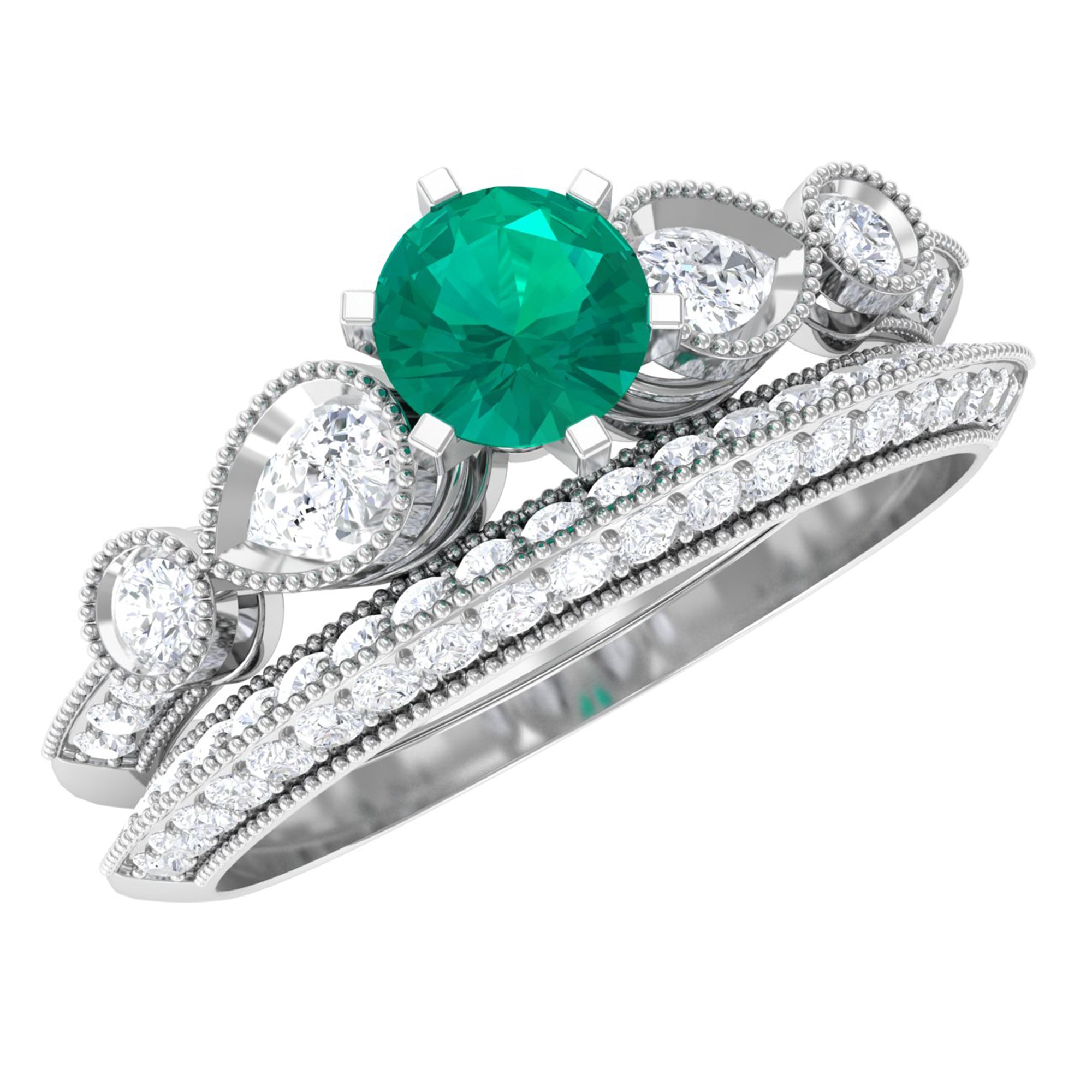 Vintage Inspired Real Emerald Wedding Ring Set with Diamond Emerald - ( AAA ) - Quality - Rosec Jewels
