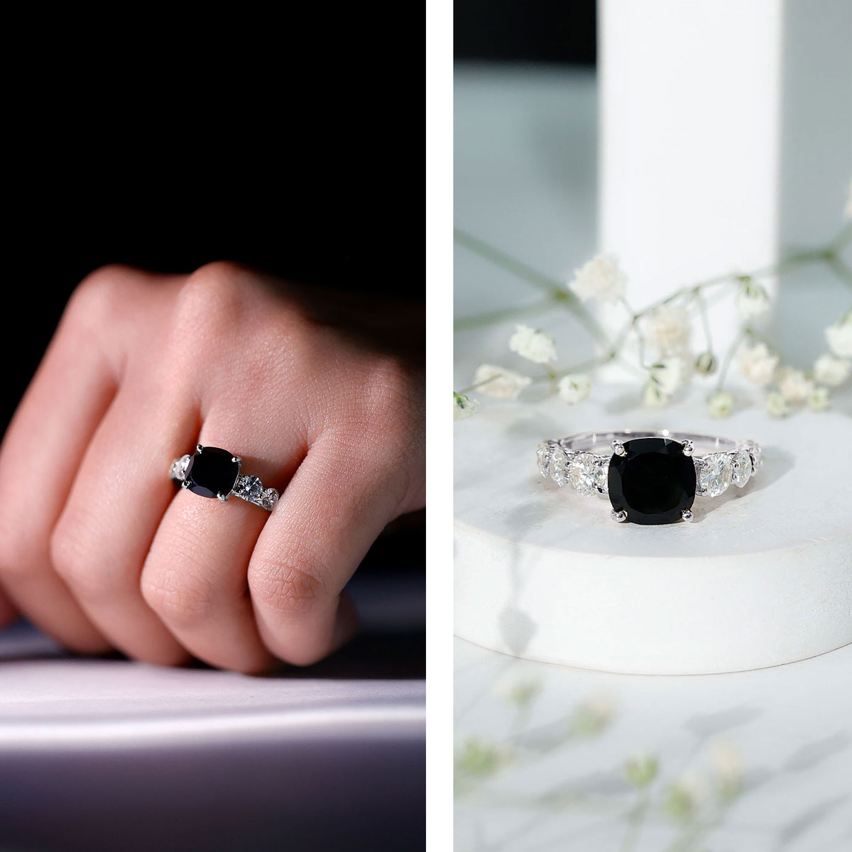 Certified 2.8 Carat Lab Grown Black Diamond Cushion Cut Engagement Ring with Side Stones AAAA ( Synthetic ) - Rosec Jewels