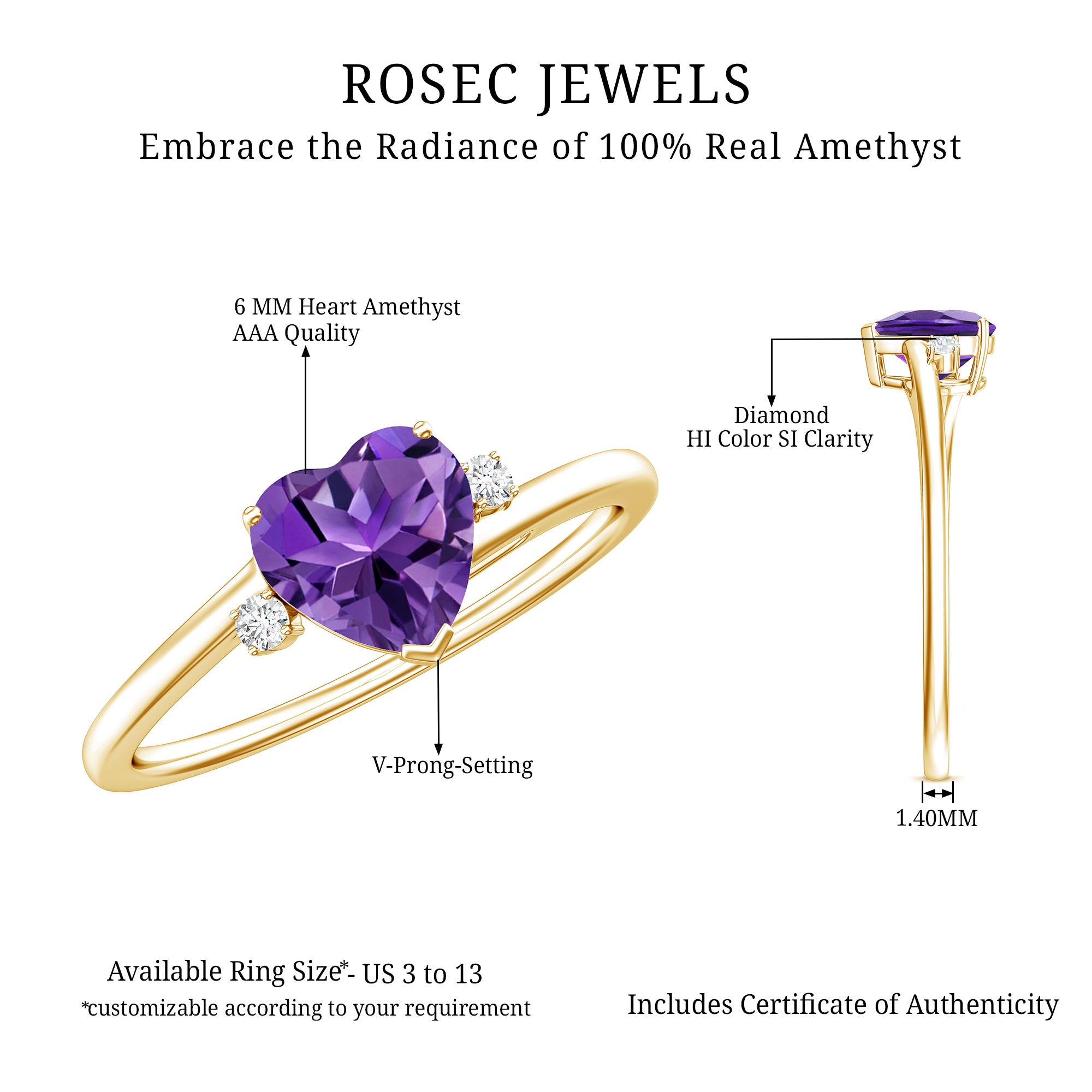 Real 0.9 Carat Amethyst Heart Engagement Ring with Diamond AAA - Rosec Jewels