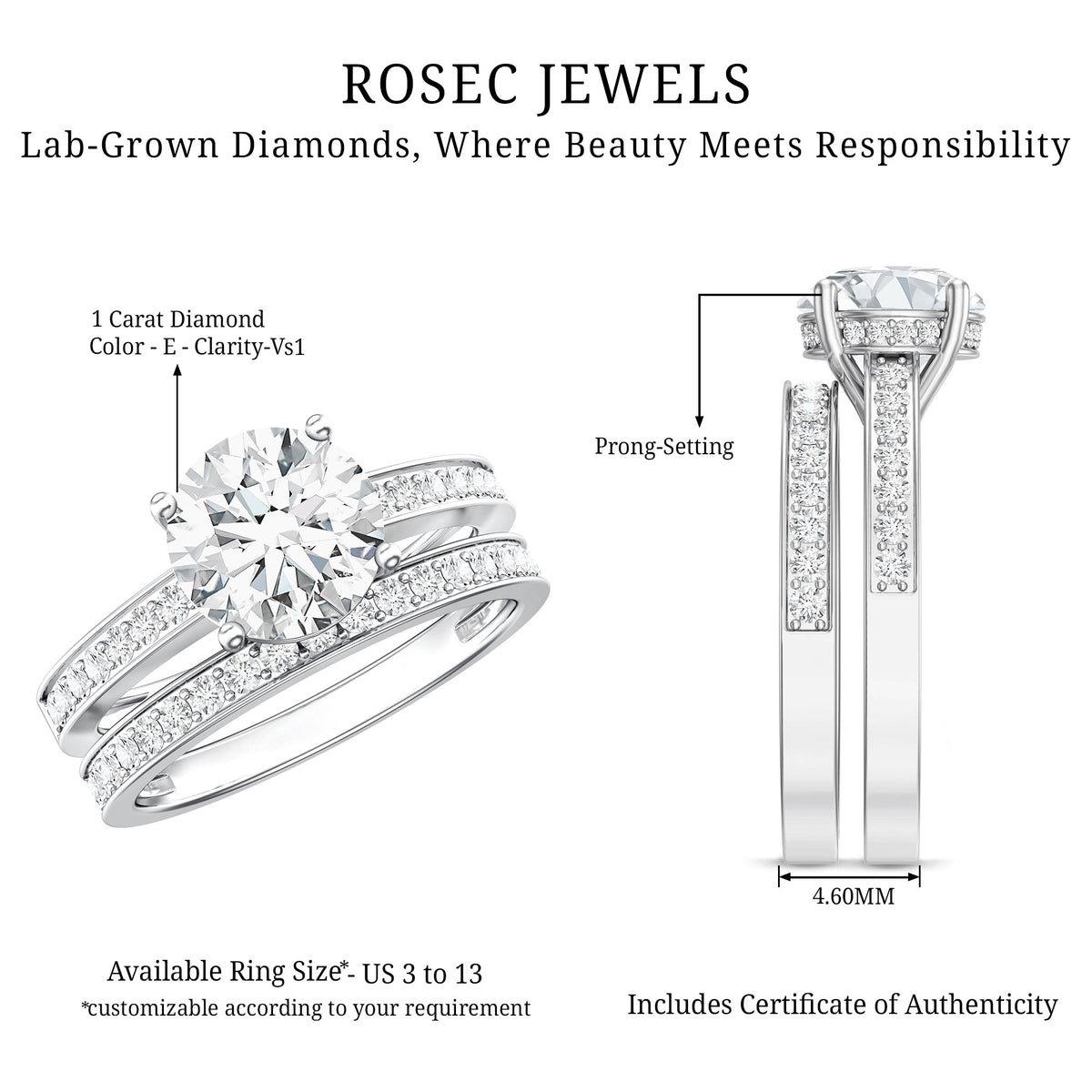 IGI Certified 2 Carat Lab Grown Diamond Engagement Ring with Wedding Band Lab - ( E-VS1 ) - Rosec Jewels