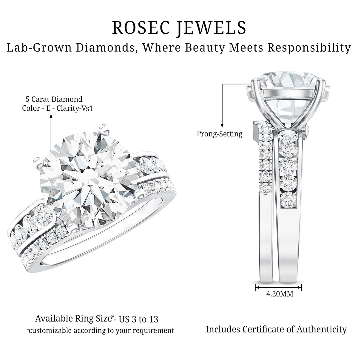 5 Carat IGI Certified Lab Grown Diamond Engagement Ring with Wedding Band Lab - ( E-VS1 ) - Rosec Jewels