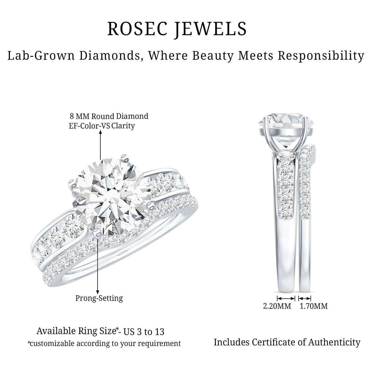 2 Carat Lab Grown Diamond Wedding Engagement Ring Set IGI Certified Lab - ( E-VS1 ) - Rosec Jewels