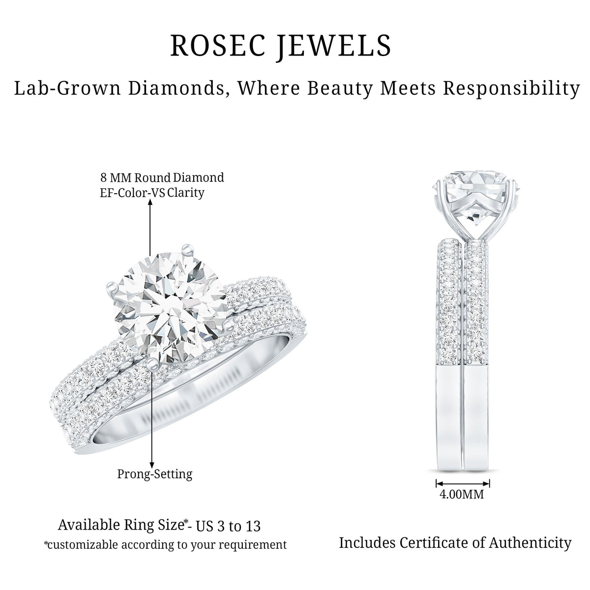 IGI Certified 2 Carat Lab Grown Diamond Engagement Ring with Enhancer Lab - ( E-VS1 ) - Rosec Jewels