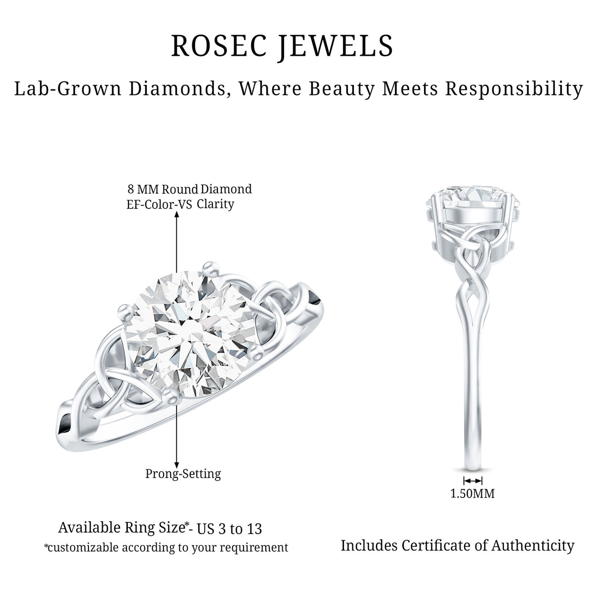 Rosec Jewels-Solitaire 2 Carat Lab Grown Diamond Celtic Engagement Ring with IGI Certificate