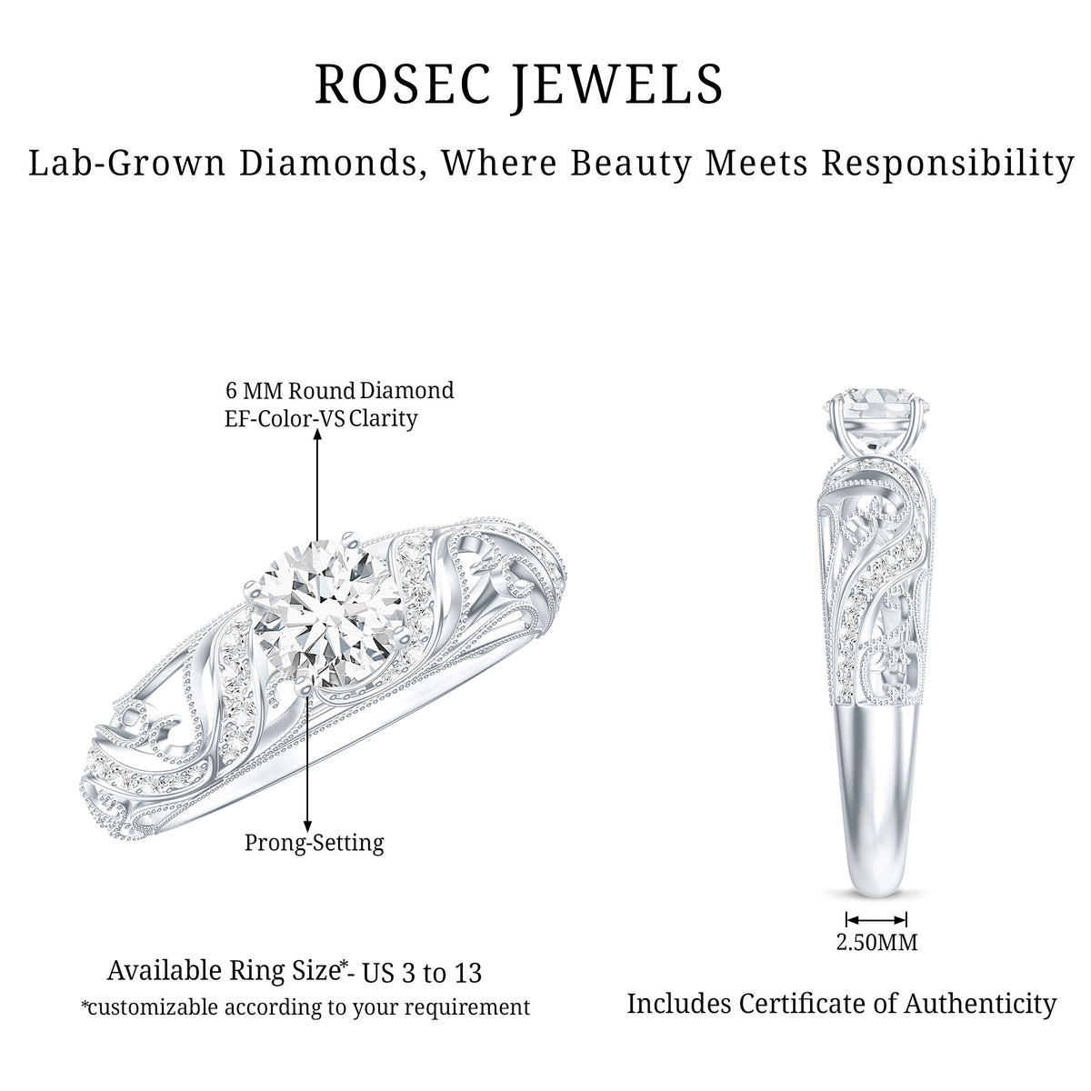 Rosec Jewels-IGI Certified 1 Carat Lab Created Diamond Vintage Looking Engagement Ring