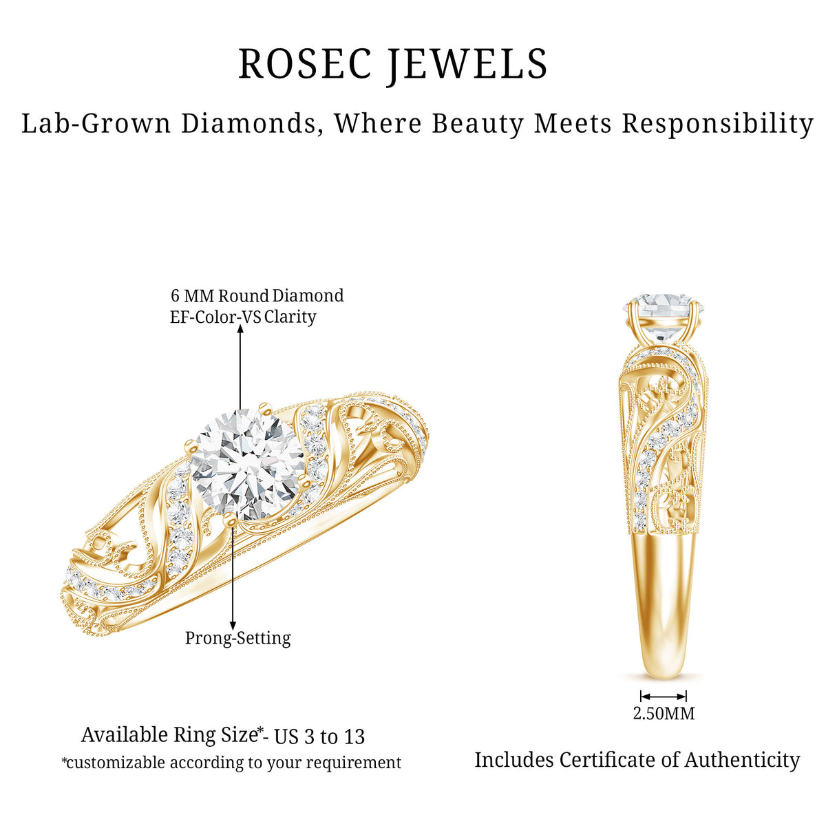 Rosec Jewels-IGI Certified 1 Carat Lab Created Diamond Vintage Looking Engagement Ring