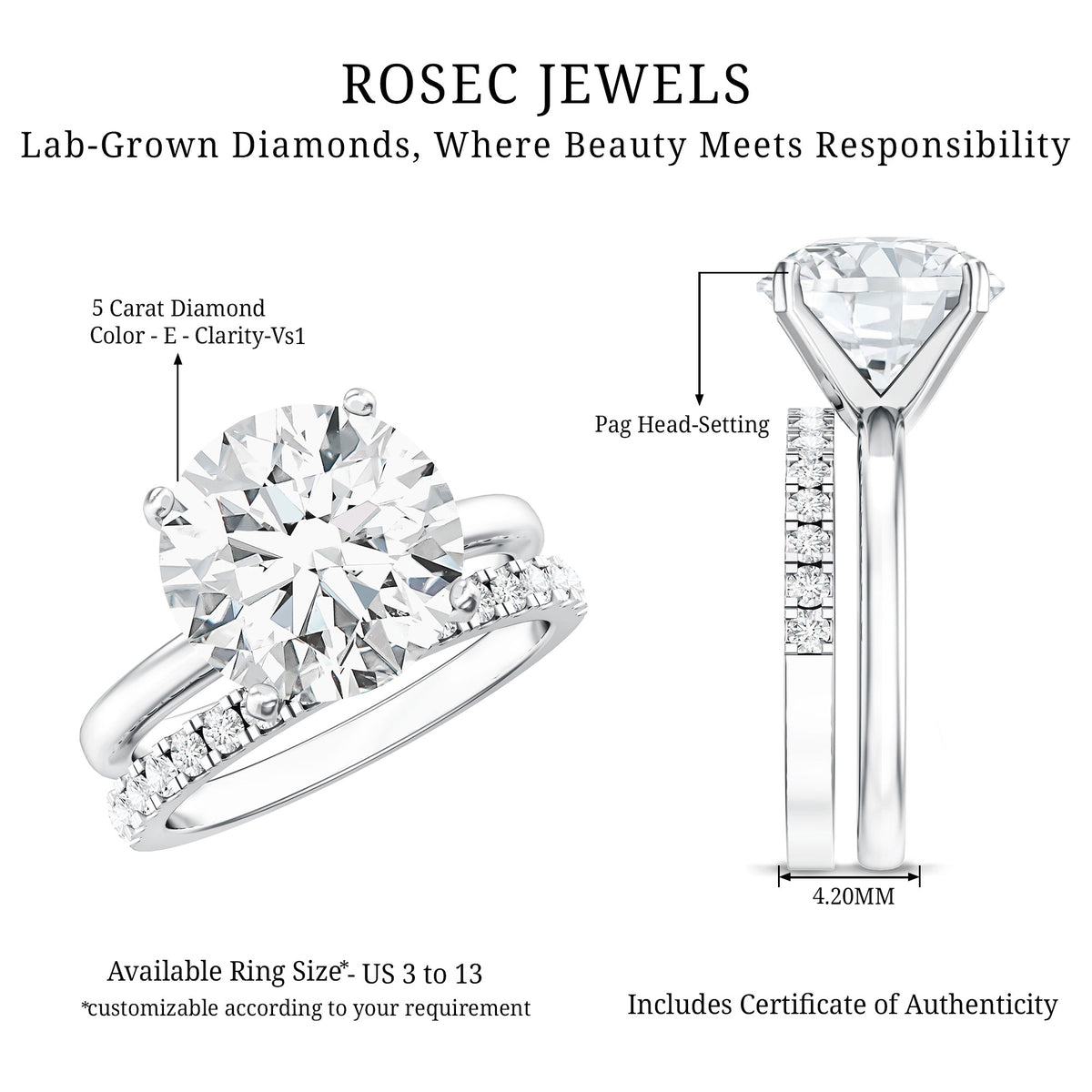 Rosec Jewels-5 Carat Solitaire Lab Grown Diamond Ring Set with IGI Certificate
