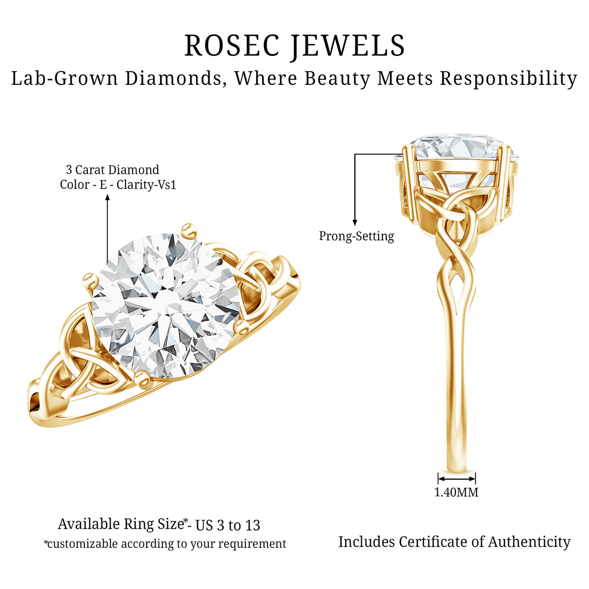 IGI Verified 3 Carat Round Cut Lab Grown Diamond Celtic Engagement Ring Lab - ( E-VS1 ) - Rosec Jewels