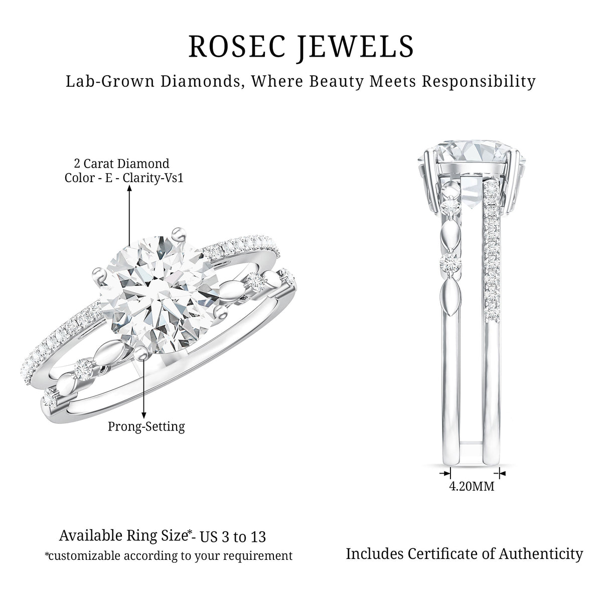 2 Carat Round Lab Grown Diamond Double Band Engagement Ring IGI Certified Lab - ( E-VS1 ) - Rosec Jewels