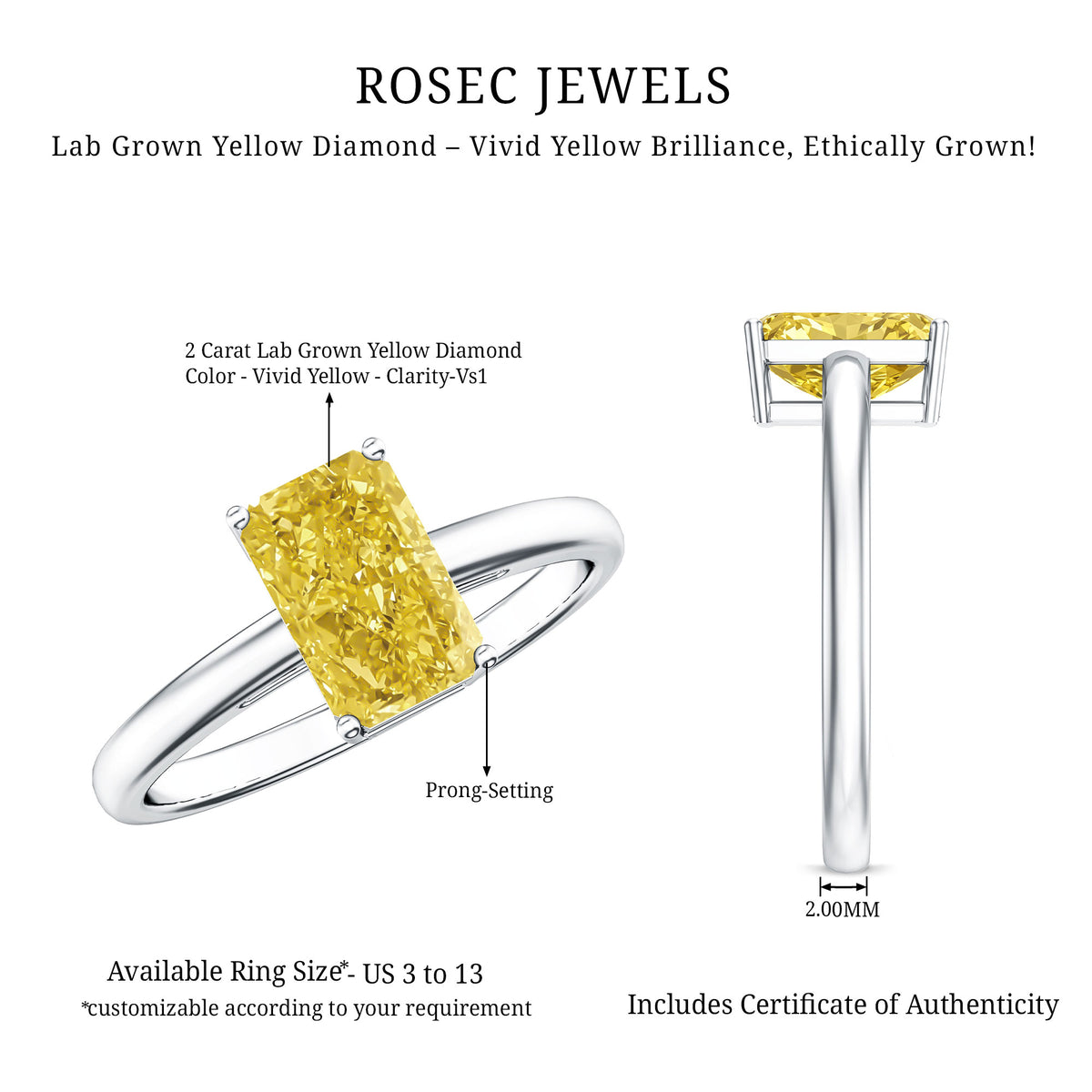 2 Carat Radiant Cut Lab Yellow Diamond Solitaire Engagement Ring IGI Certified Vivid Yellow - VS1 - Rosec Jewels