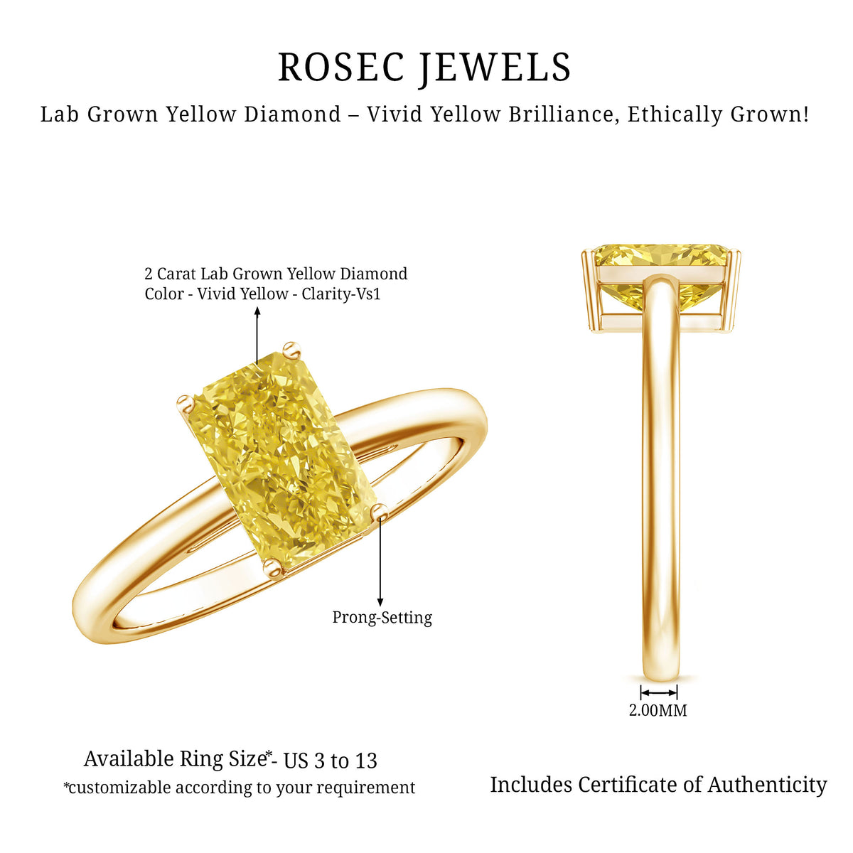 2 Carat Radiant Cut Lab Yellow Diamond Solitaire Engagement Ring IGI Certified Vivid Yellow - VS1 - Rosec Jewels