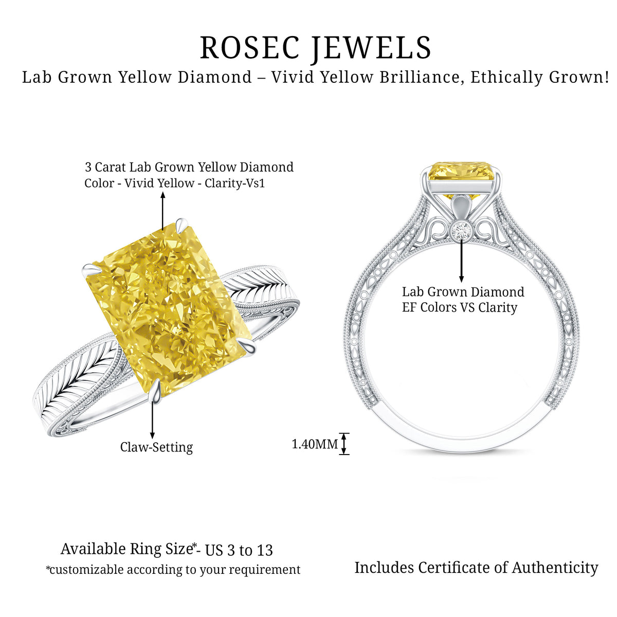 IGI Certified 3 Carat Lab Grown Yellow Diamond Vintage Engagement Ring for Her Vivid Yellow - VS1 - Rosec Jewels