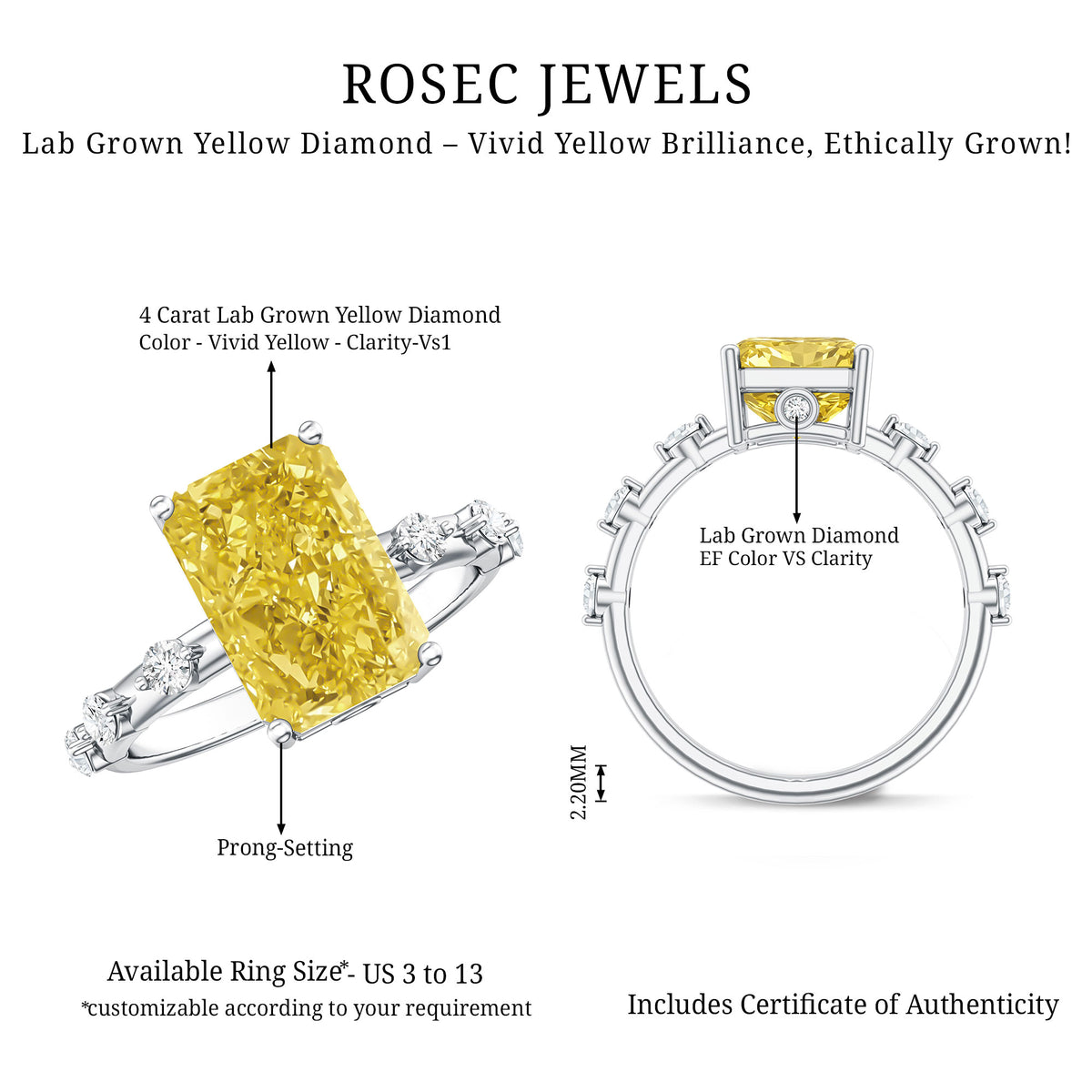Radiant Cut Lab Grown Yellow Diamond 4 Carat Engagement Ring IGI Certified Vivid Yellow - VS1 - Rosec Jewels
