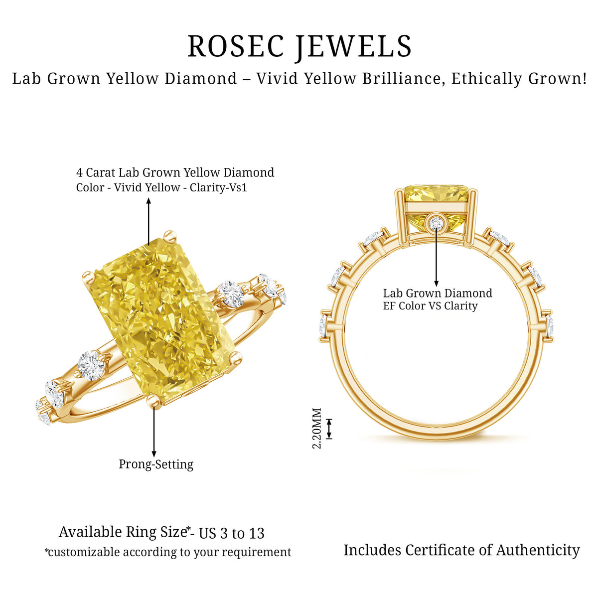 Radiant Cut Lab Grown Yellow Diamond 4 Carat Engagement Ring IGI Certified Vivid Yellow - VS1 - Rosec Jewels