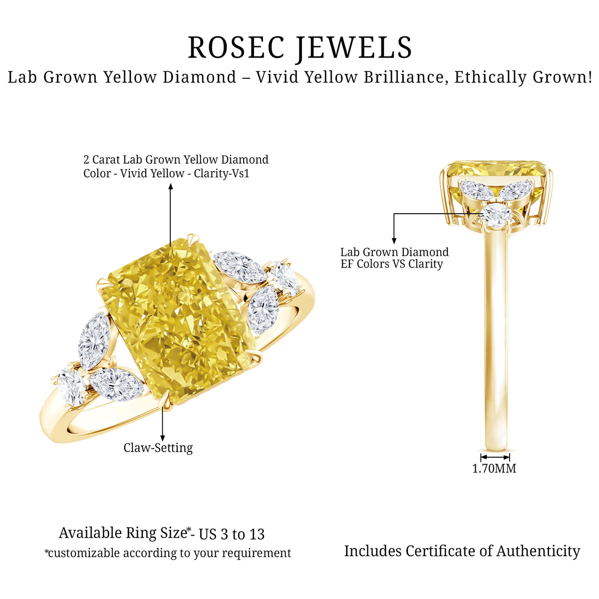 Radiant Cut 2 Carat Lab Grown Yellow Diamond Engagement Ring with IGI Certificate Vivid Yellow - VS1 - Rosec Jewels