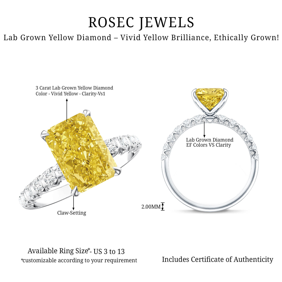3 Carat Radiant Cut Lab Yellow Diamond Statement Engagement Ring IGI Certified Vivid Yellow - VS1 - Rosec Jewels