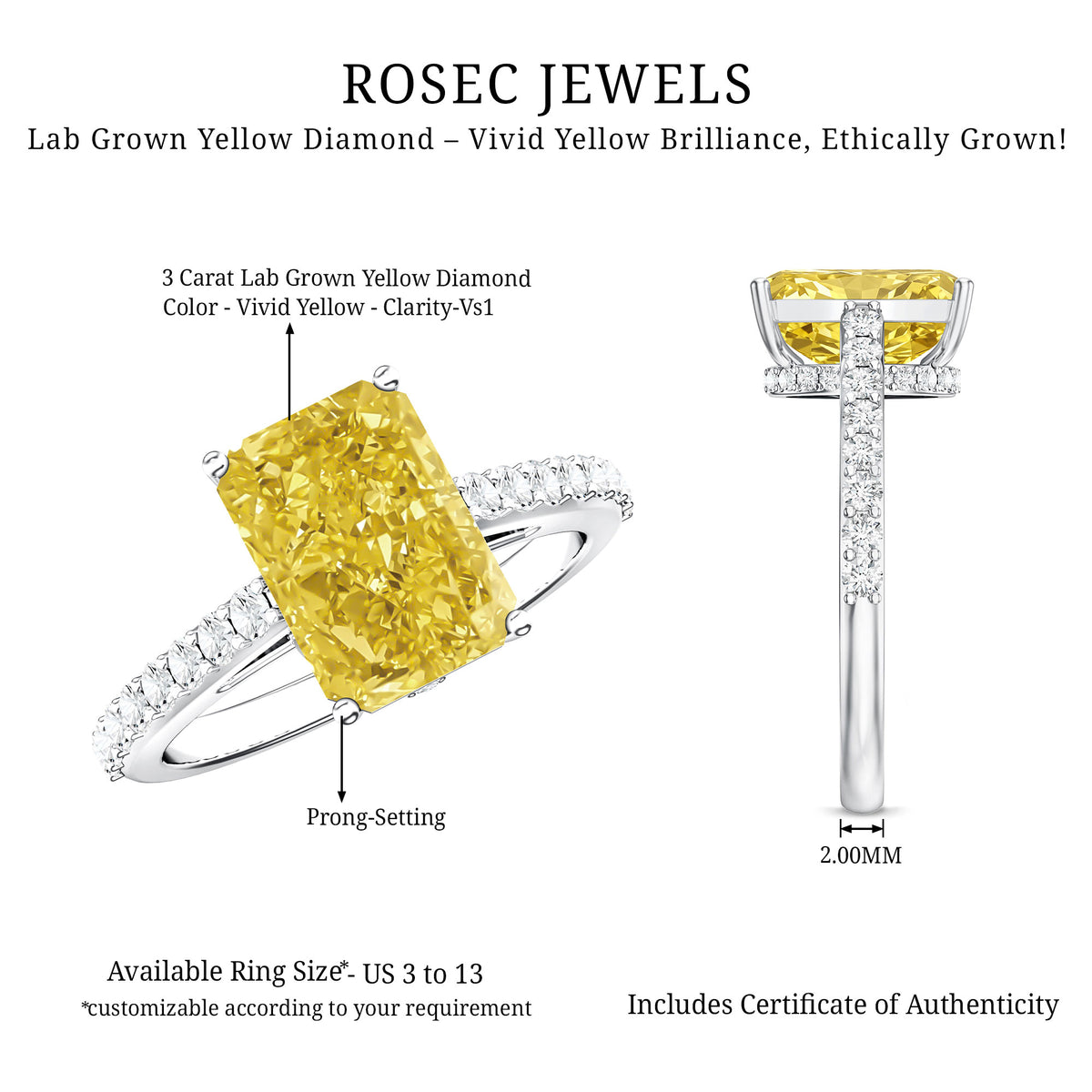 IGI Documented 3 Carat Lab Yellow Diamond Radiant Cut Engagement Ring with Hidden Halo Vivid Yellow - VS1 - Rosec Jewels