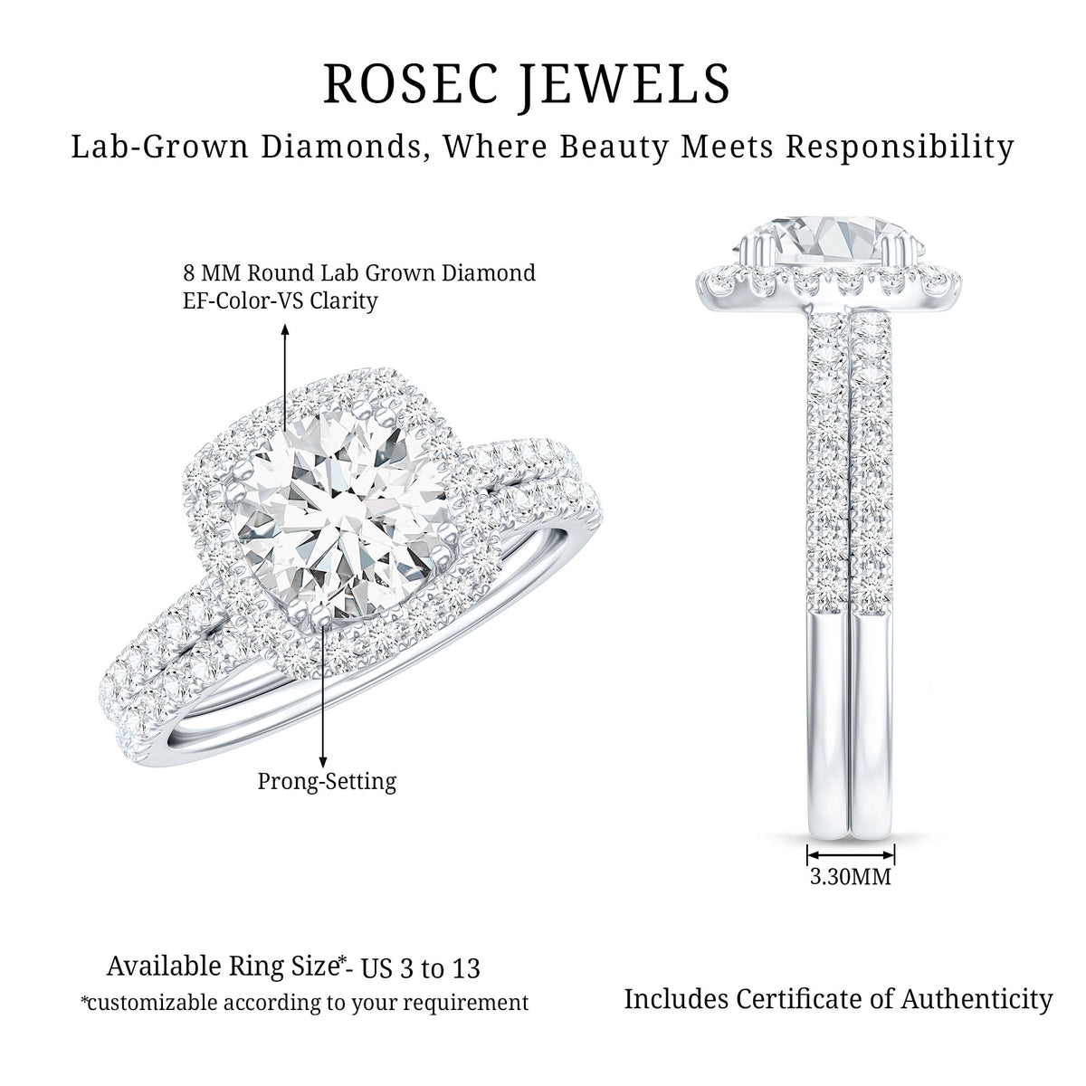 2 Carat Lab Grown Diamond Halo Wedding Ring Set with IGI Certificate Lab - ( E-VS1 ) - Rosec Jewels