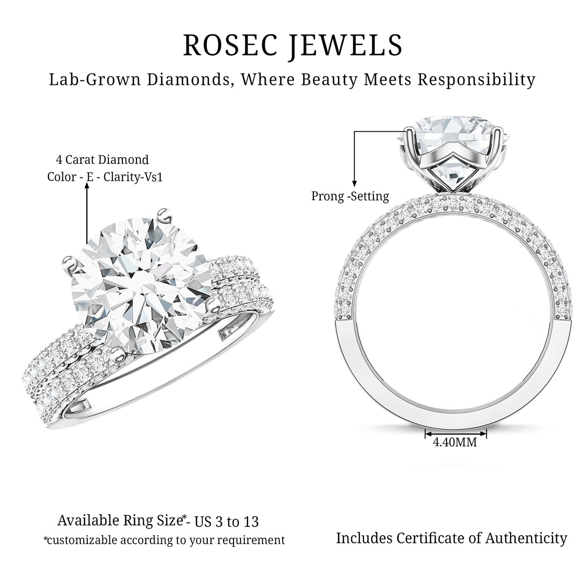 4 Carat IGI Authenticated Lab Grown Diamond Wedding Ring Set for Women Lab - ( E-VS1 ) - Rosec Jewels