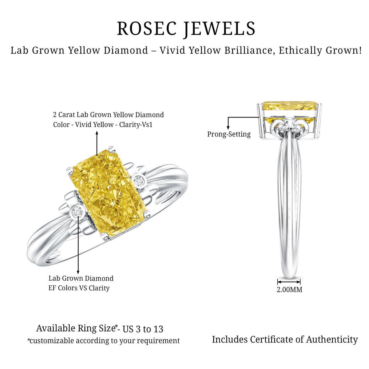 Rosec Jewels-IGI Graded Lab Grown 2 Carat Yellow Diamond Radiant Cut Engagement Ring