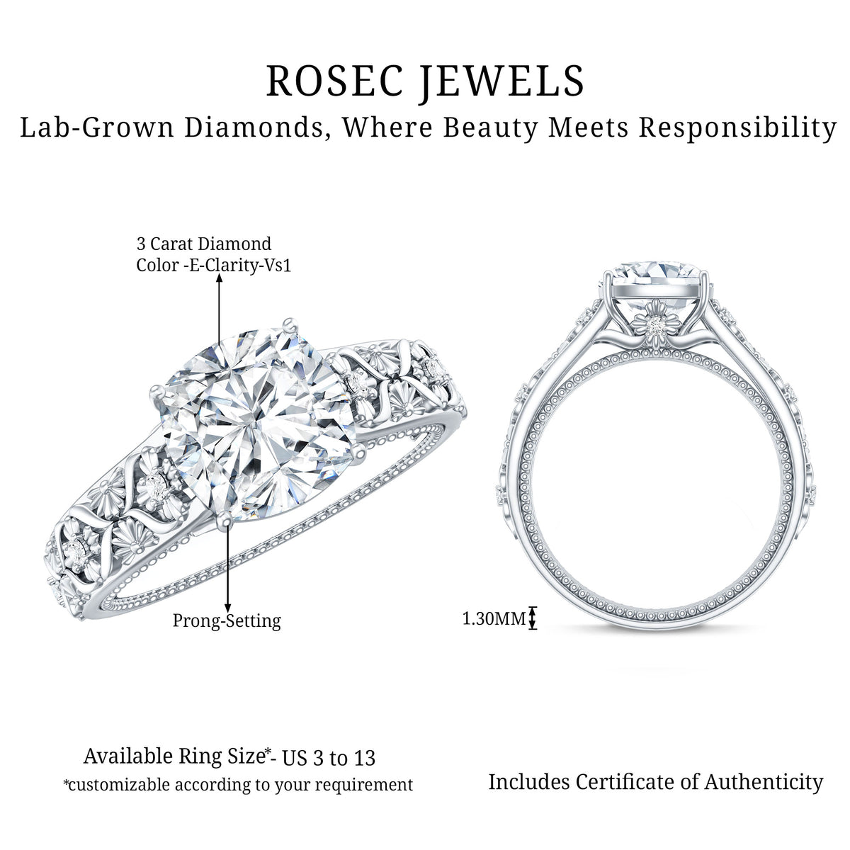 Rosec Jewels-3 Carat Cushion Cut Lab Grown Diamond Vintage Engagement Ring with IGI Certificate