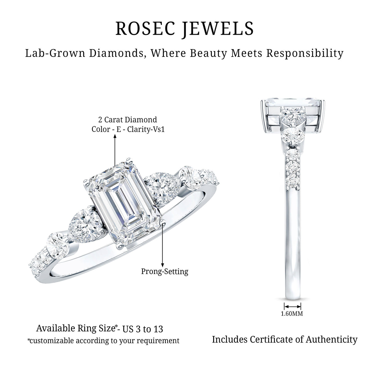 Rosec Jewels-IGI Verified 2 Carat Emerald Cut Lab Grown Diamond Engagement Ring with Side Stones