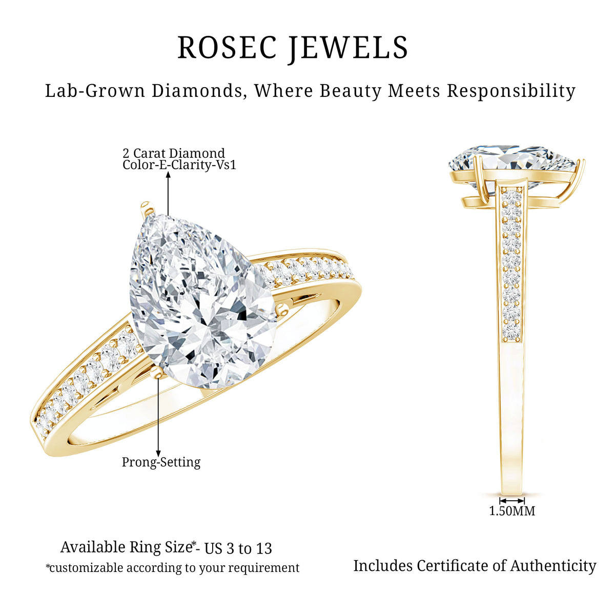 IGI Graded Lab Created 2 Carat Diamond Teardrop Engagement Ring with Side Stones Lab - ( E-VS1 ) - Rosec Jewels