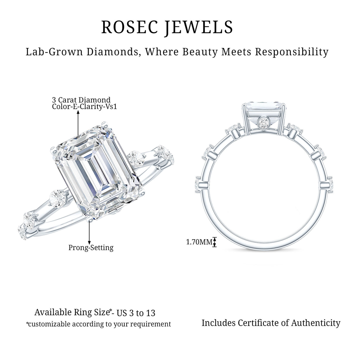 Lab Grown 3 Carat Diamond Emerald Cut Engagement Ring with IGI Certificate Lab - ( E-VS1 ) - Rosec Jewels