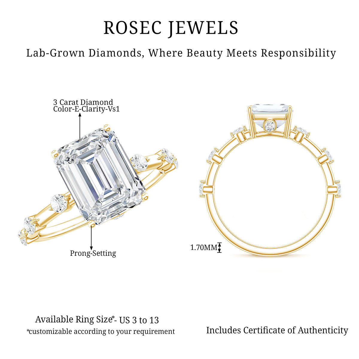 Lab Grown 3 Carat Diamond Emerald Cut Engagement Ring with IGI Certificate Lab - ( E-VS1 ) - Rosec Jewels