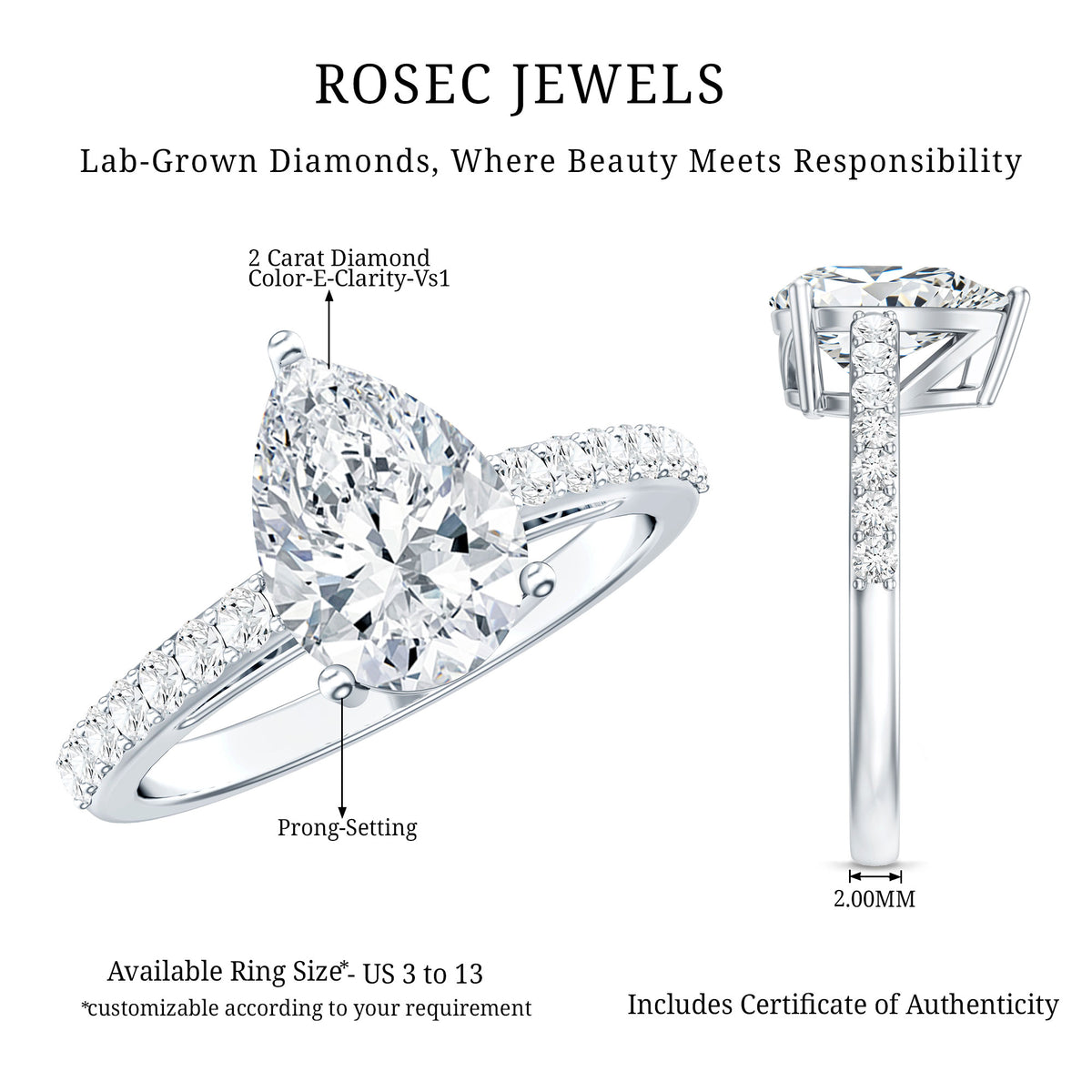 IGI Verified 2 Carat Lab Created Diamond Pear Engagement Ring for Women Lab - ( E-VS1 ) - Rosec Jewels