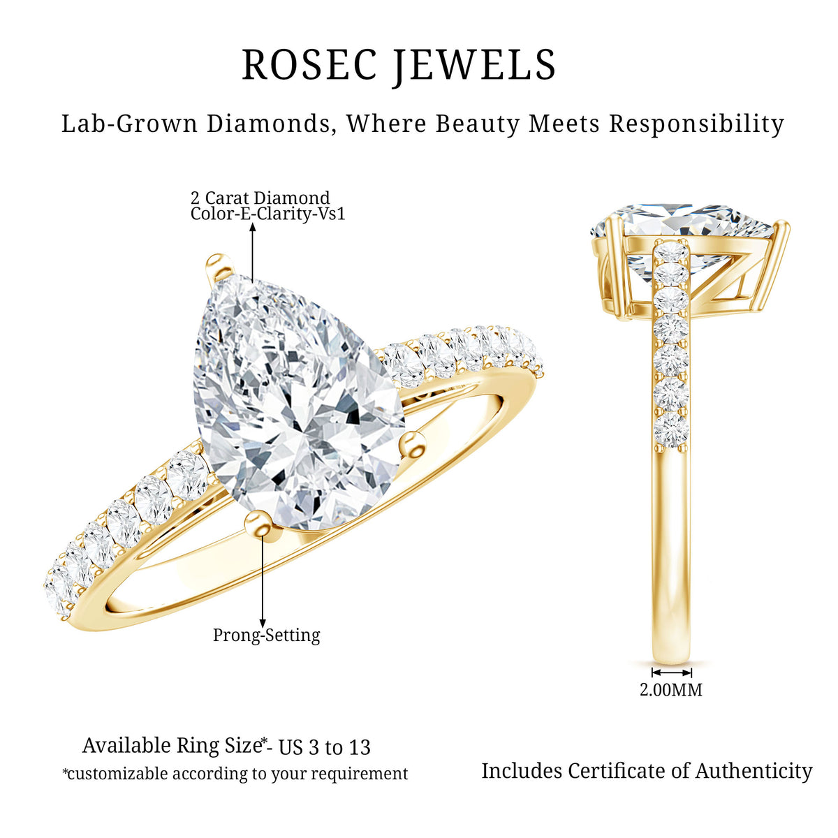 IGI Verified 2 Carat Lab Created Diamond Pear Engagement Ring for Women Lab - ( E-VS1 ) - Rosec Jewels