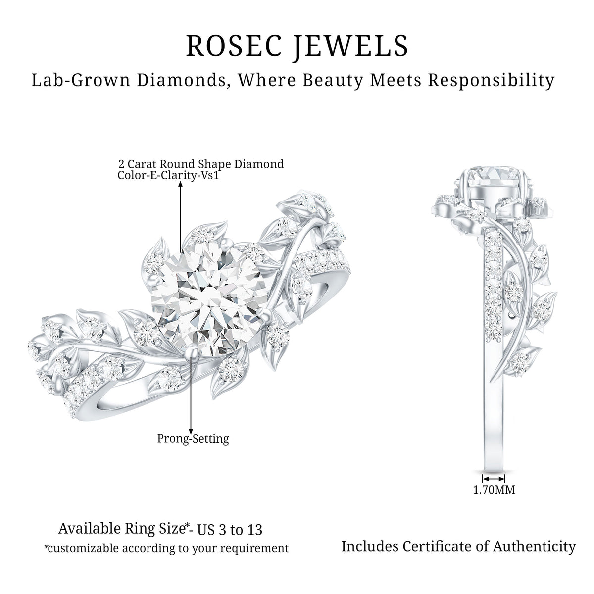 IGI Verified Nature Inspired Engagement Ring with 2 Carat Lab Grown Diamond Lab - ( E-VS1 ) - Rosec Jewels