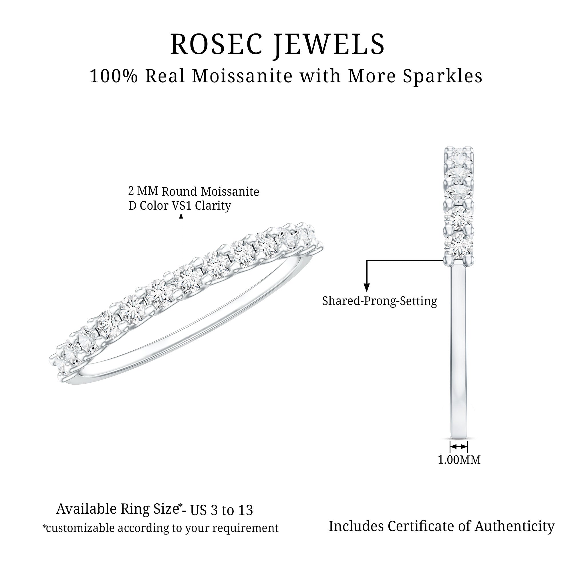 Rosec Jewels-Moissanite Half Eternity Ring in Shared Prong Setting