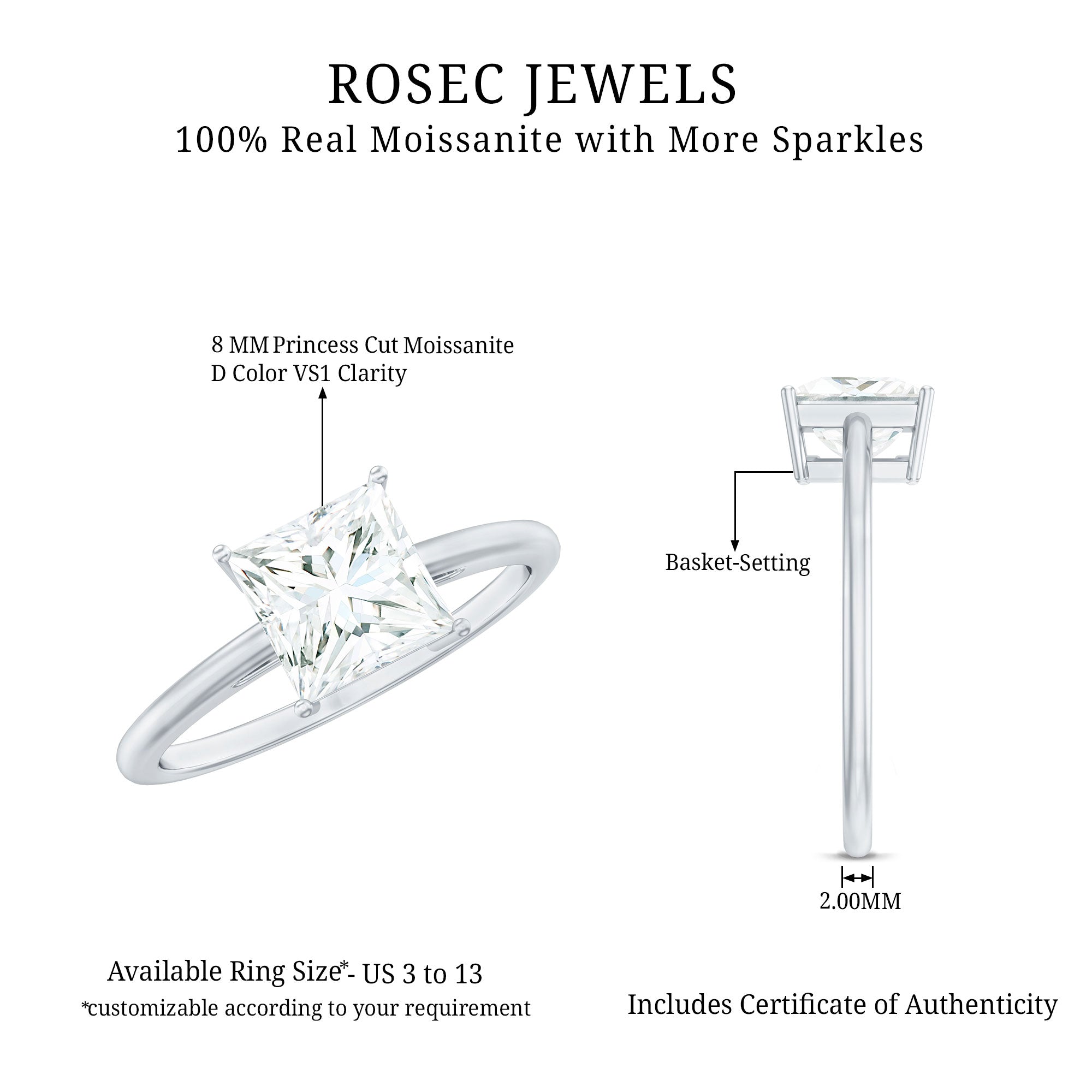 Rosec Jewels-3 Carat Princess Cut Moissanite Solitaire Engagement Ring