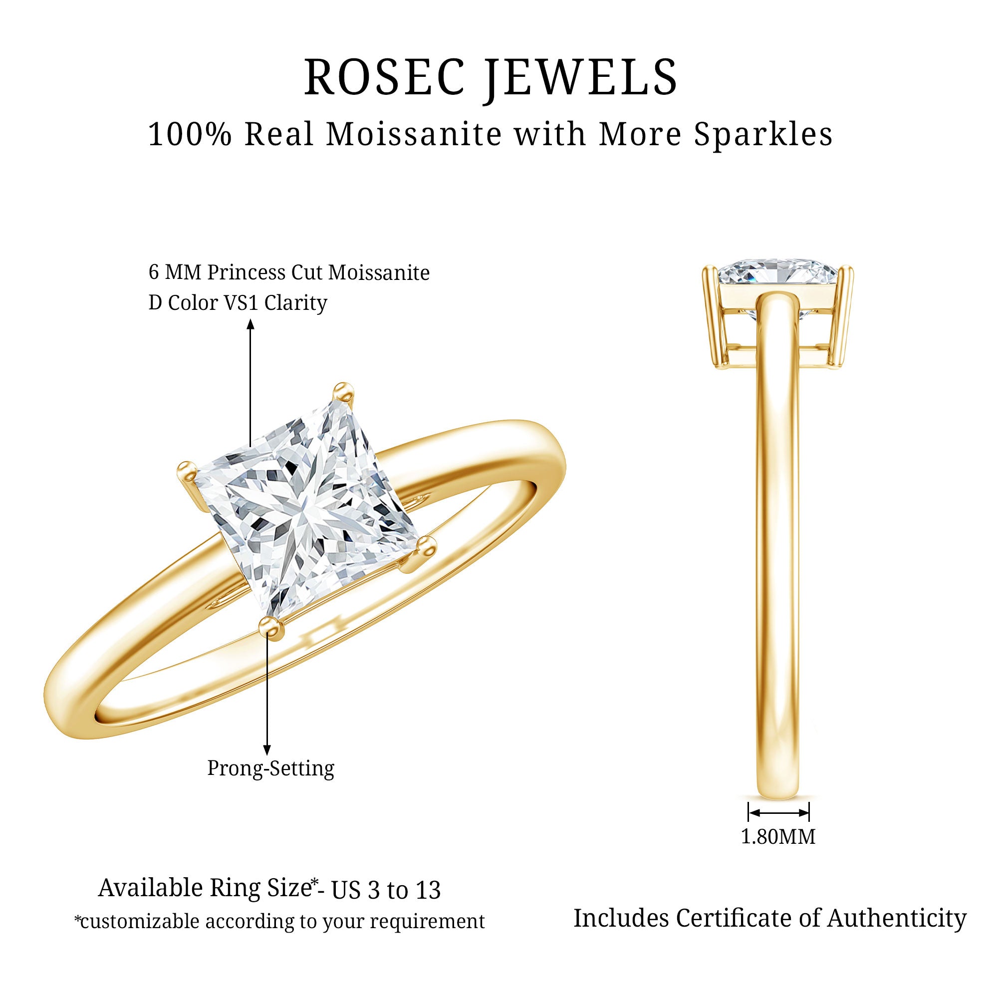 1 CT Princess Cut Moissanite Solitaire Ring for Women D-VS1 - Rosec Jewels