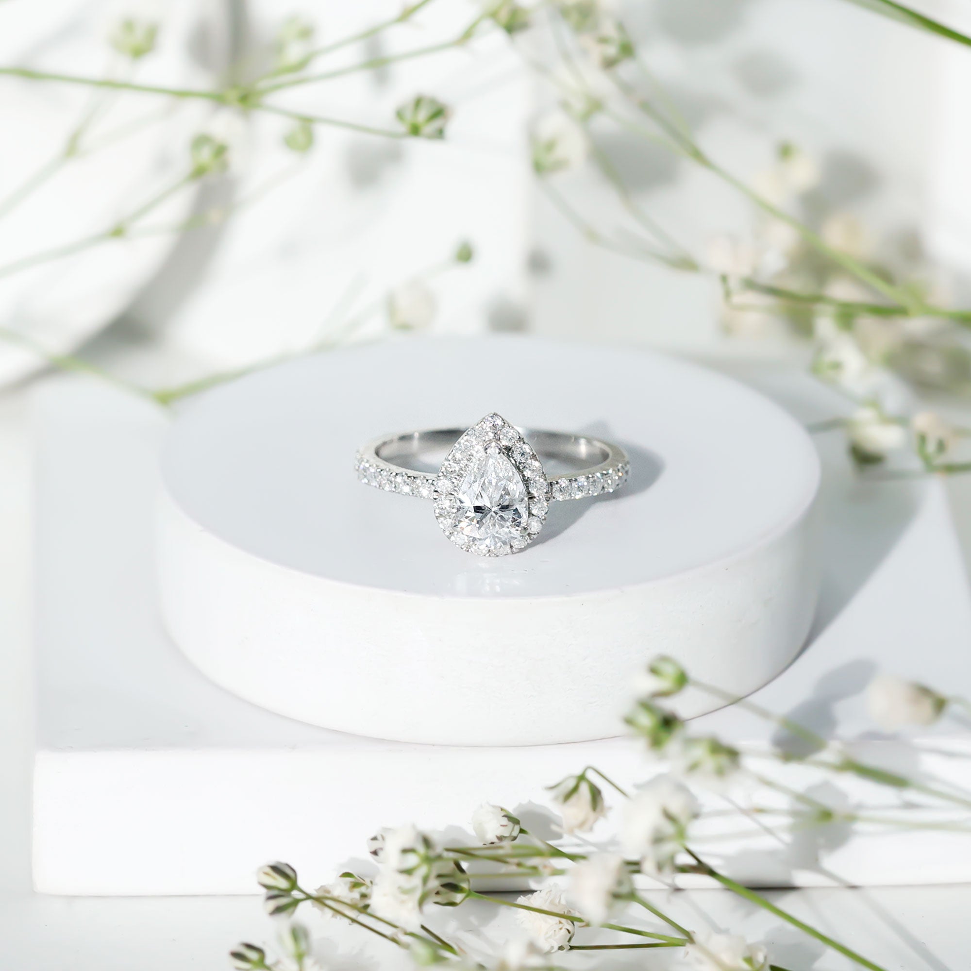 Certified Moissanite Teardrop Engagement Ring with Halo D-VS1 - Rosec Jewels