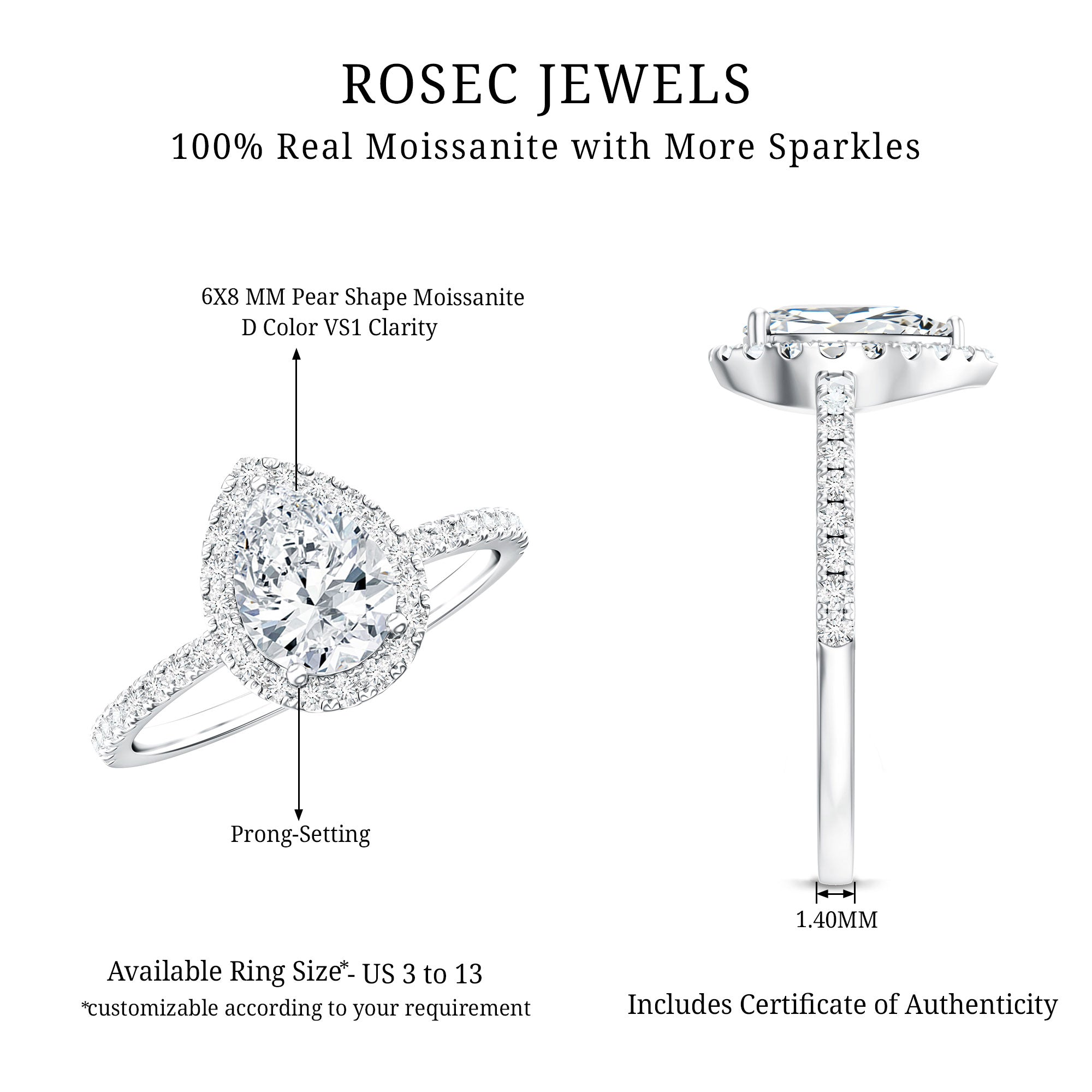 Pear Shape Moissanite Halo Engagement Ring for Women D-VS1 - Rosec Jewels