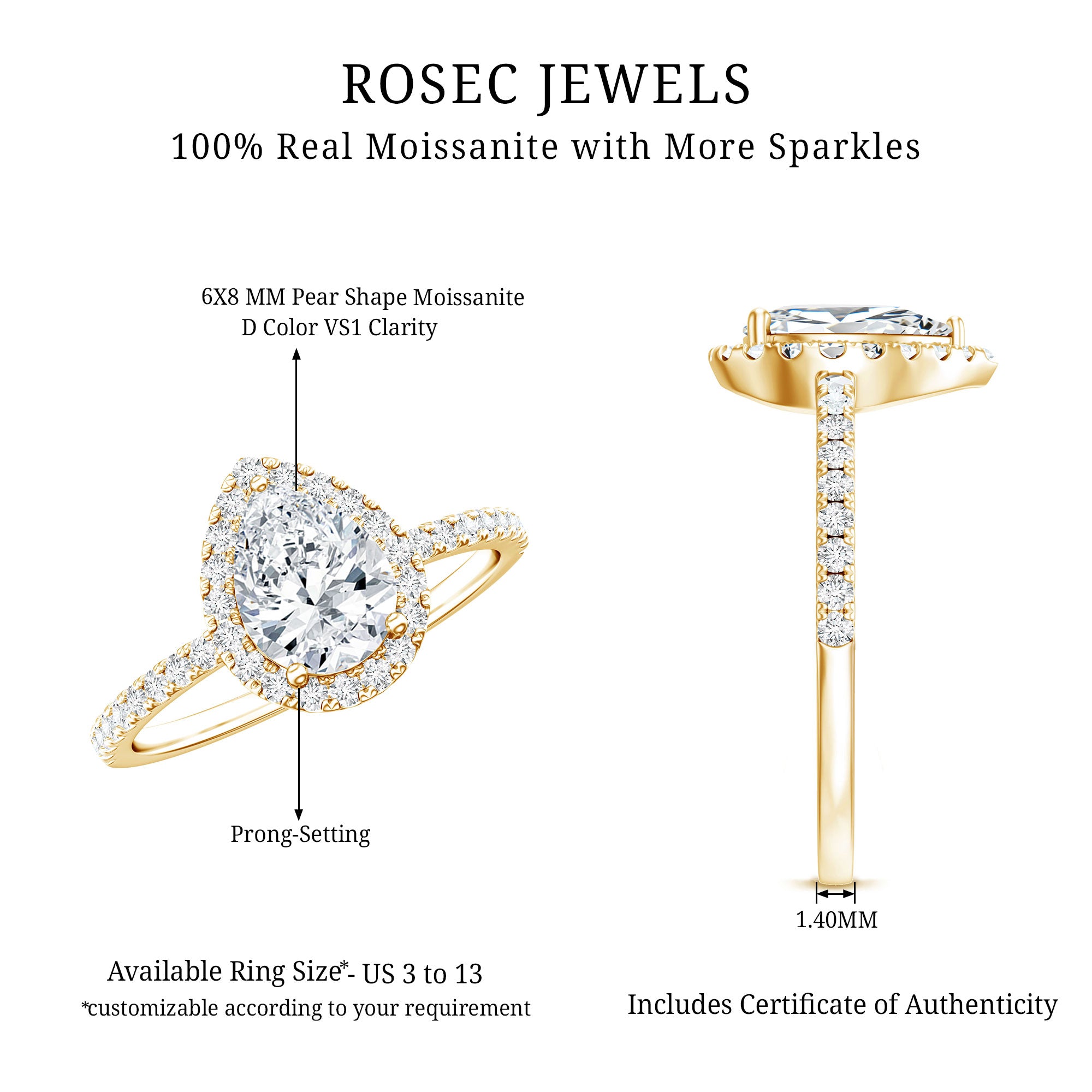 Pear Shape Moissanite Halo Engagement Ring for Women D-VS1 - Rosec Jewels