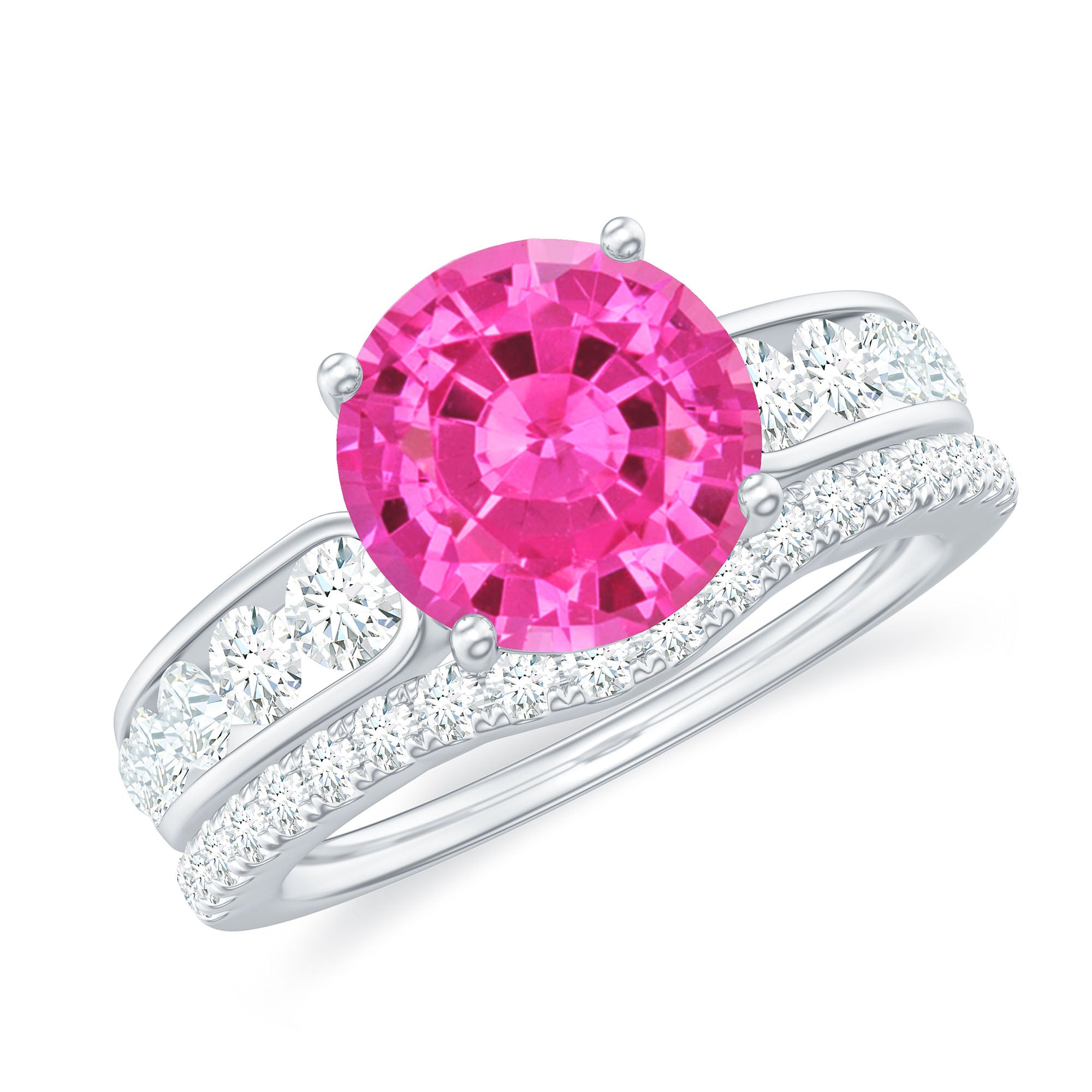 Lab Grown Pink Sapphire and Moissanite Solitaire Bridal Ring Set Lab Created Pink Sapphire - ( AAAA ) - Quality - Rosec Jewels