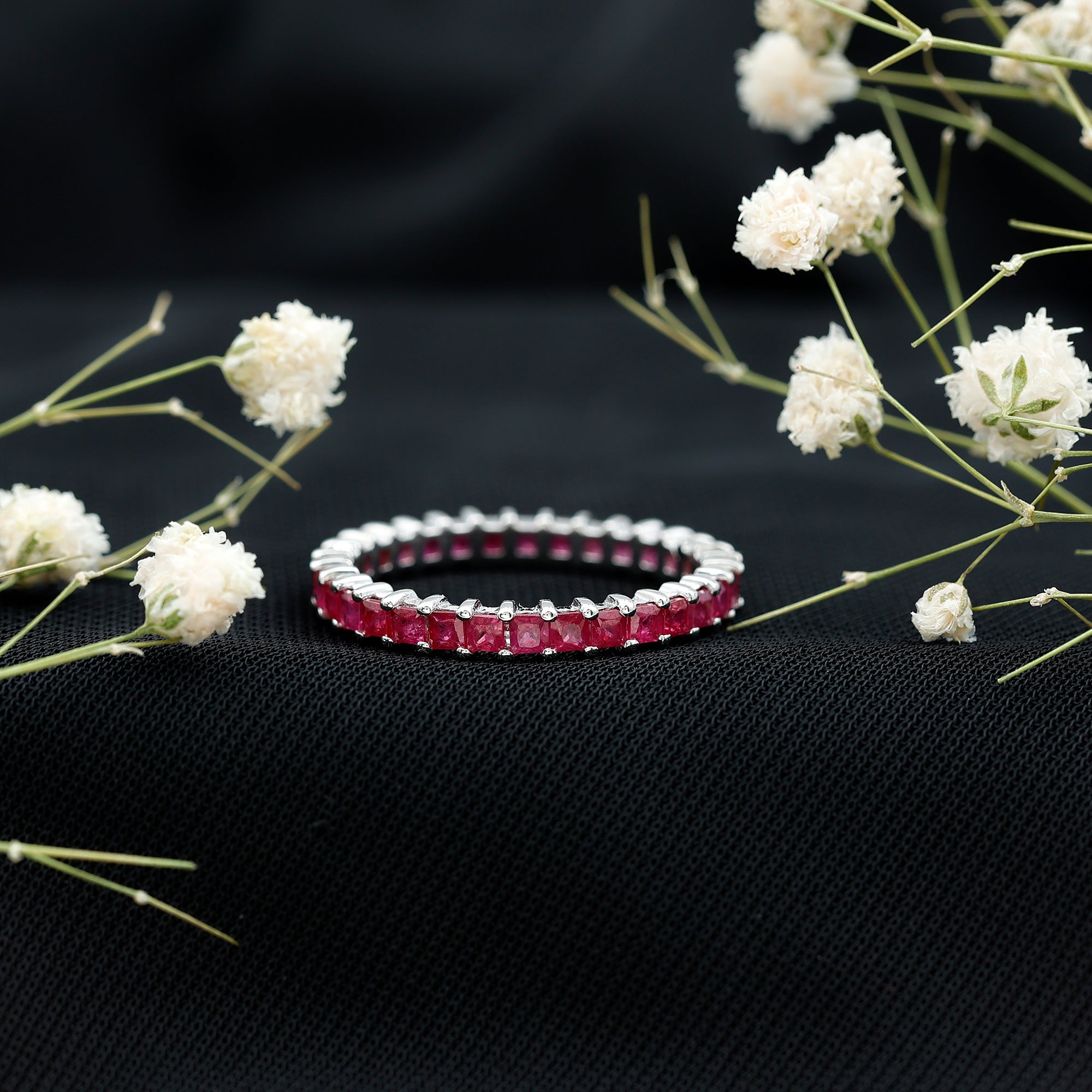 Princess Cut Ruby Eternity Ring – Thin Ruby Wedding Band in Shared Prong Setting | Real AAA Ruby AAA - Rosec Jewels