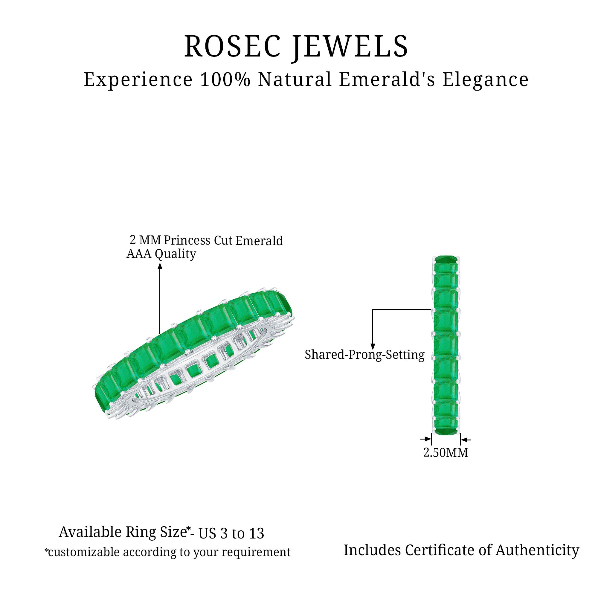 1.25 CT Princess Cut Emerald Full Eternity Ring in Shared Prong Setting Emerald - ( AAA ) - Quality - Rosec Jewels