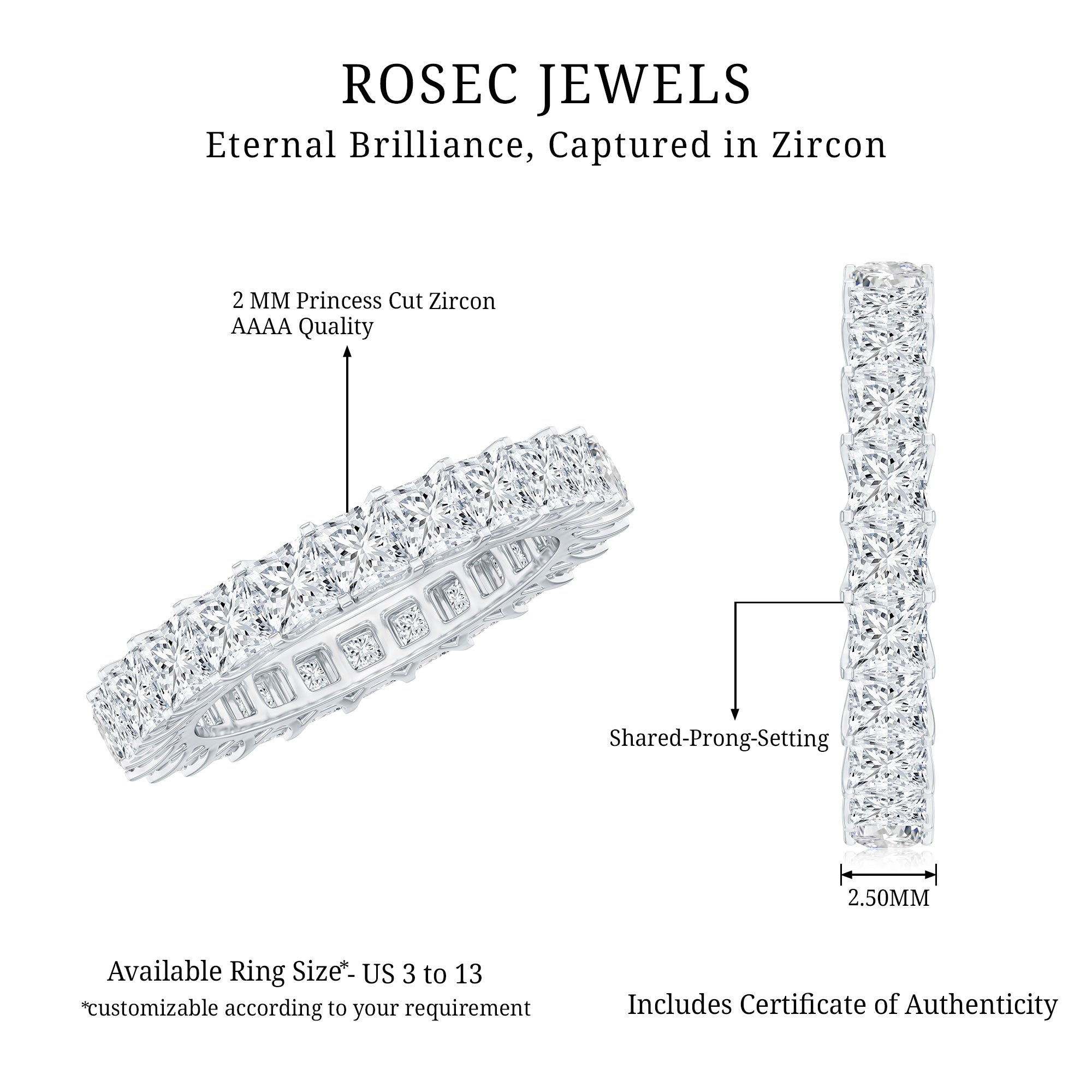 Rosec Jewels-Princess Cut Cubic Zirconia Eternity Wedding Band Ring with Certificate
