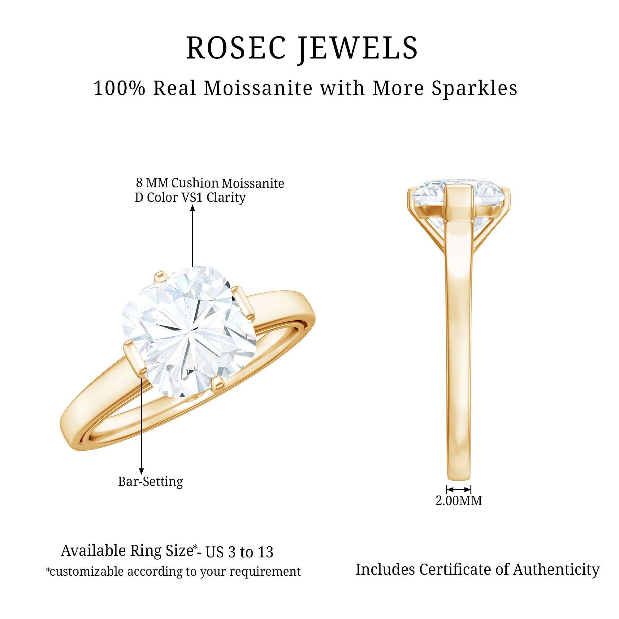 3 Carat Cushion Cut Moissanite Solitaire Engagement Ring with Certificate D-VS1 - Rosec Jewels