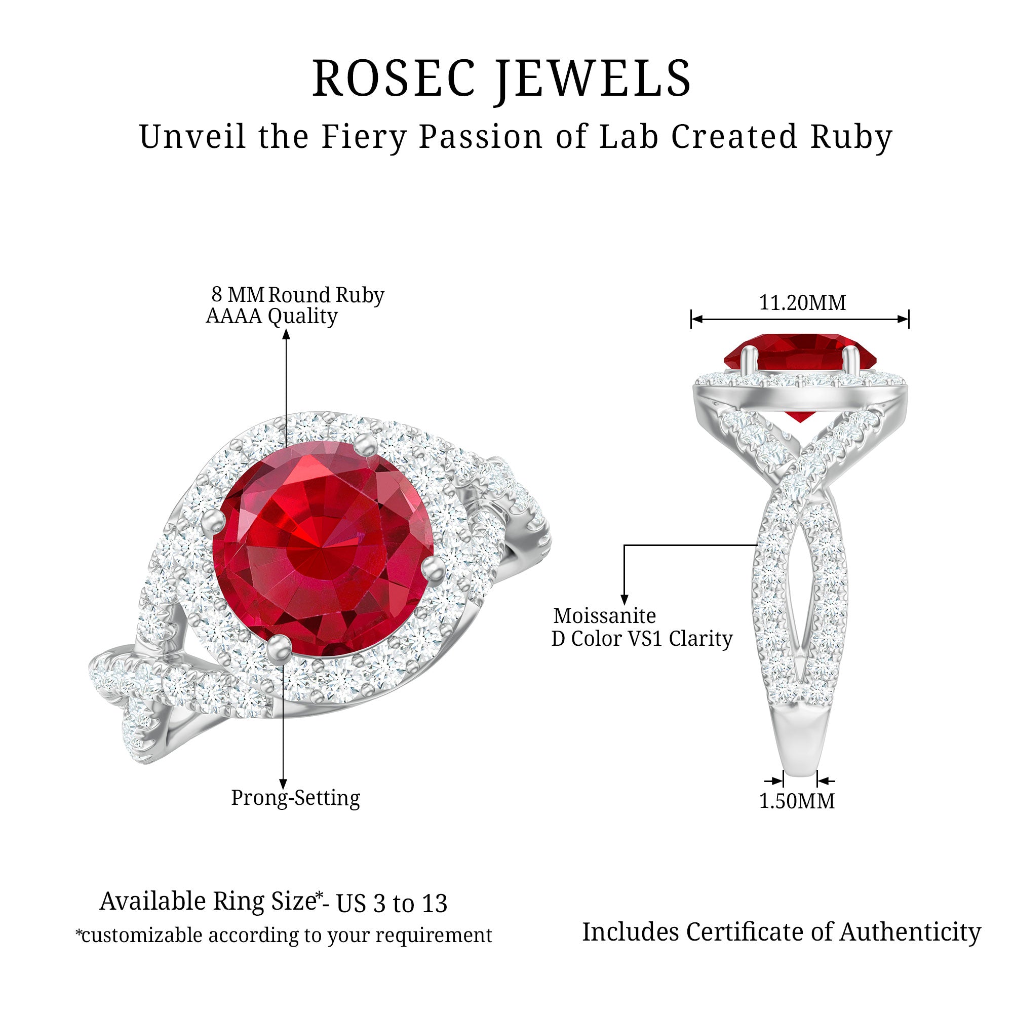 Round Created Ruby Crossover Engagement Ring With Moissanite AAAA - Rosec Jewels